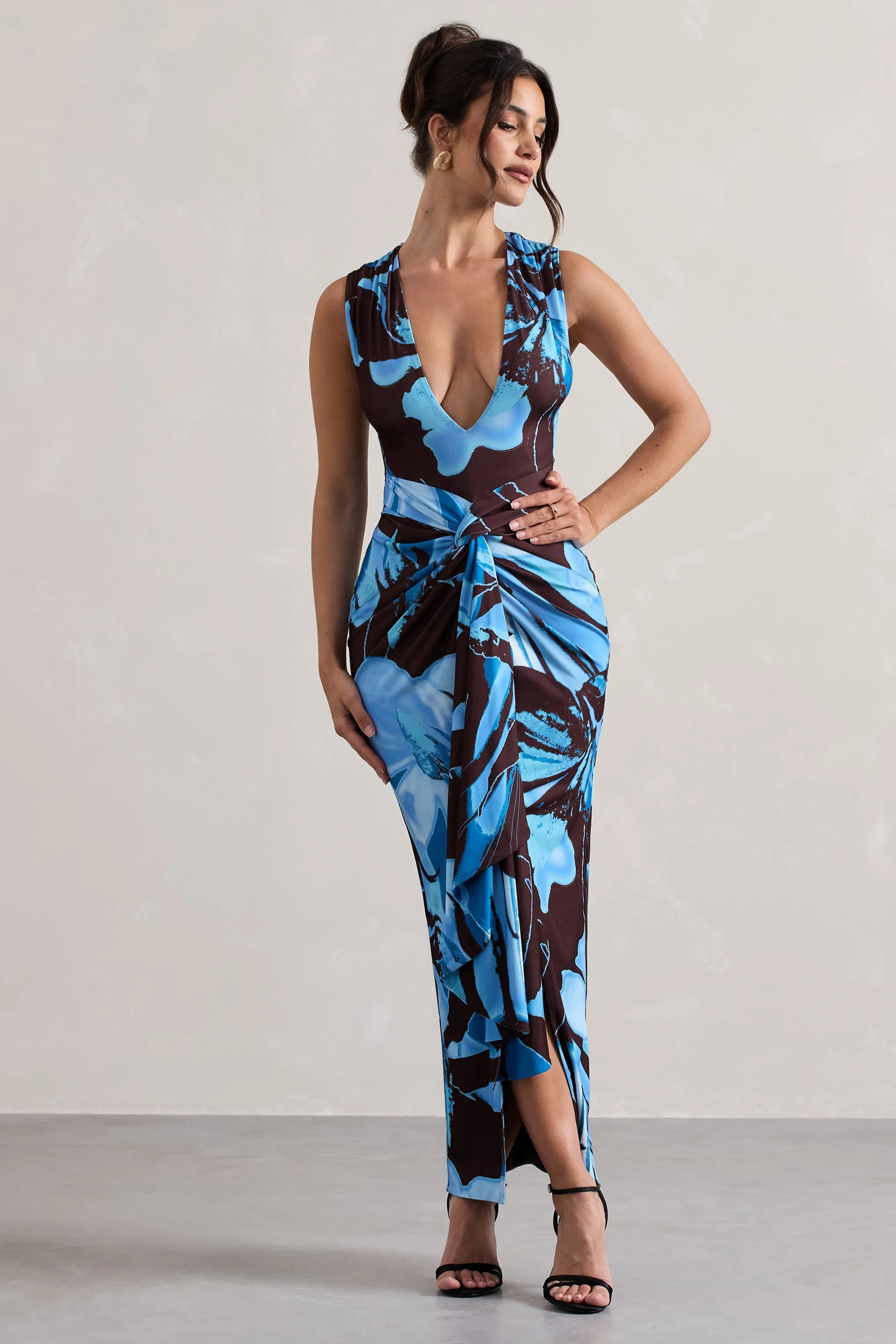 Santana Floral Print Plunge Neck Split Maxi Dress With Knot Detail