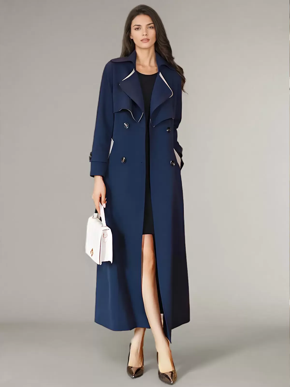 Sash Belted Women's Trench Coat with Turndown Collar and Long Sleeves, Full Length Coat