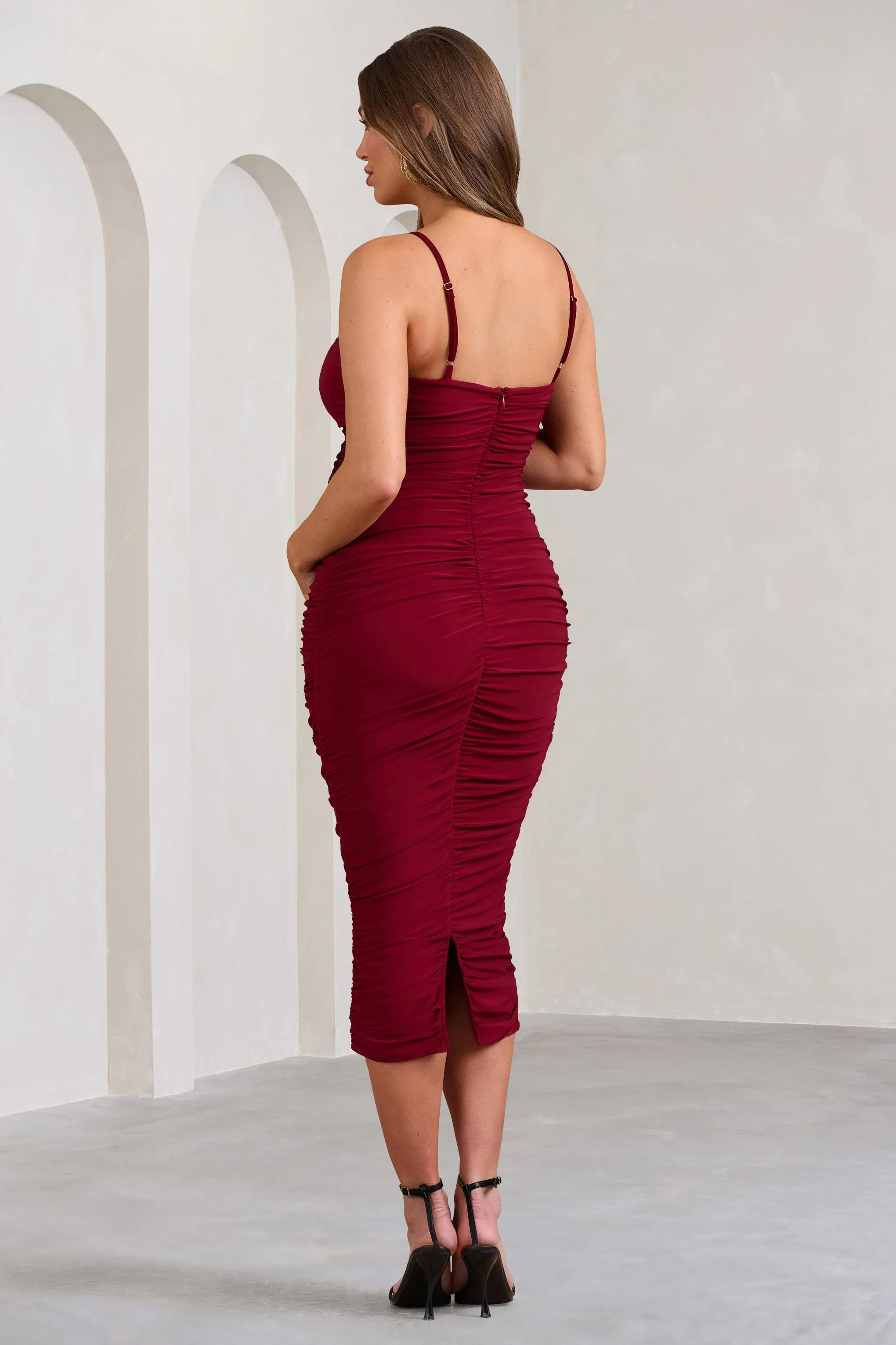 Sentimental Wine Red Maternity Midi Dress with Cami Straps and Ruching