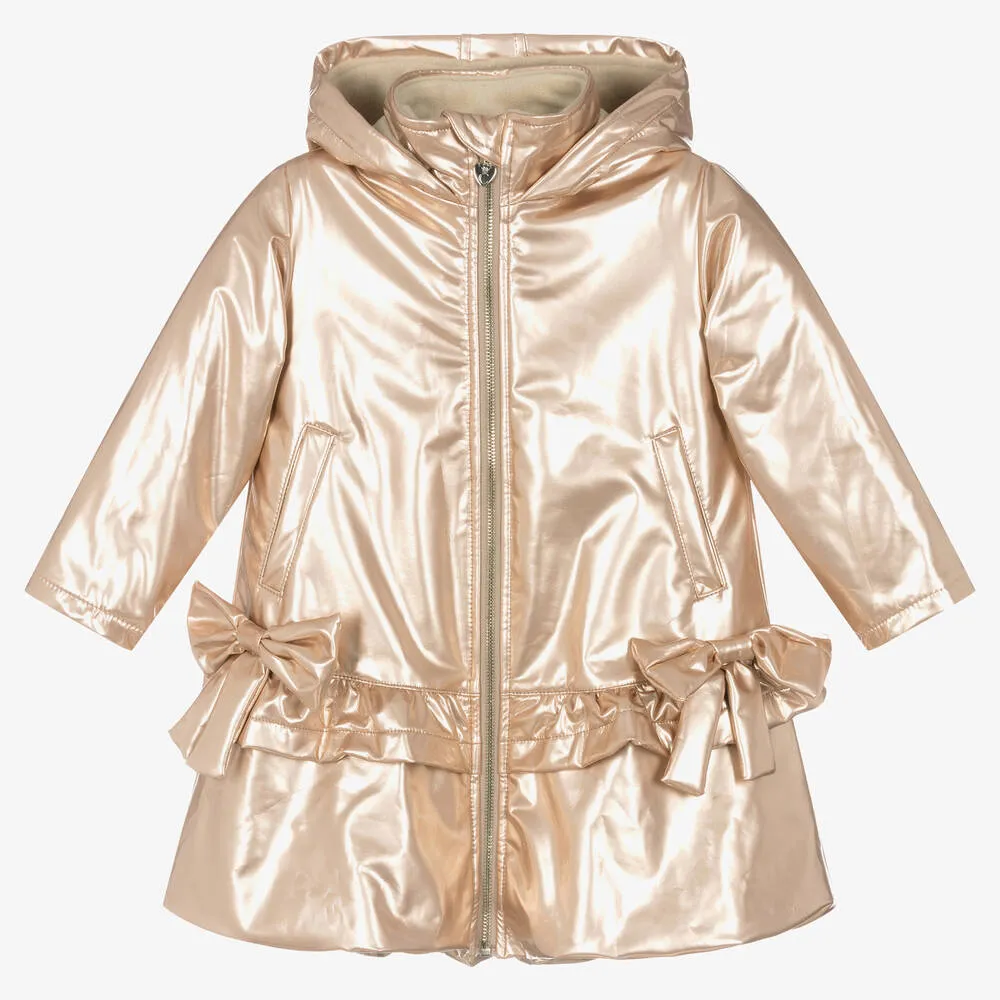 Shimmering Gold Bow Hooded Coat for Girls