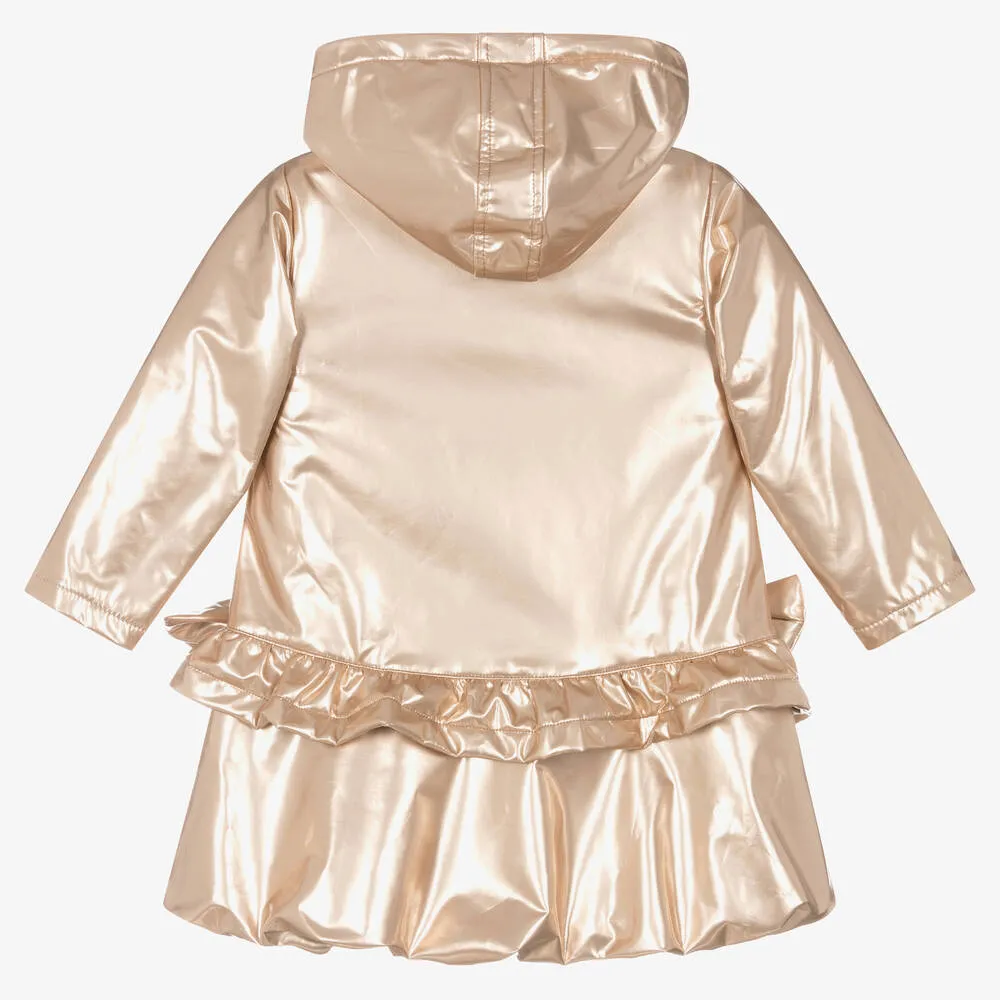 Shimmering Gold Bow Hooded Coat for Girls