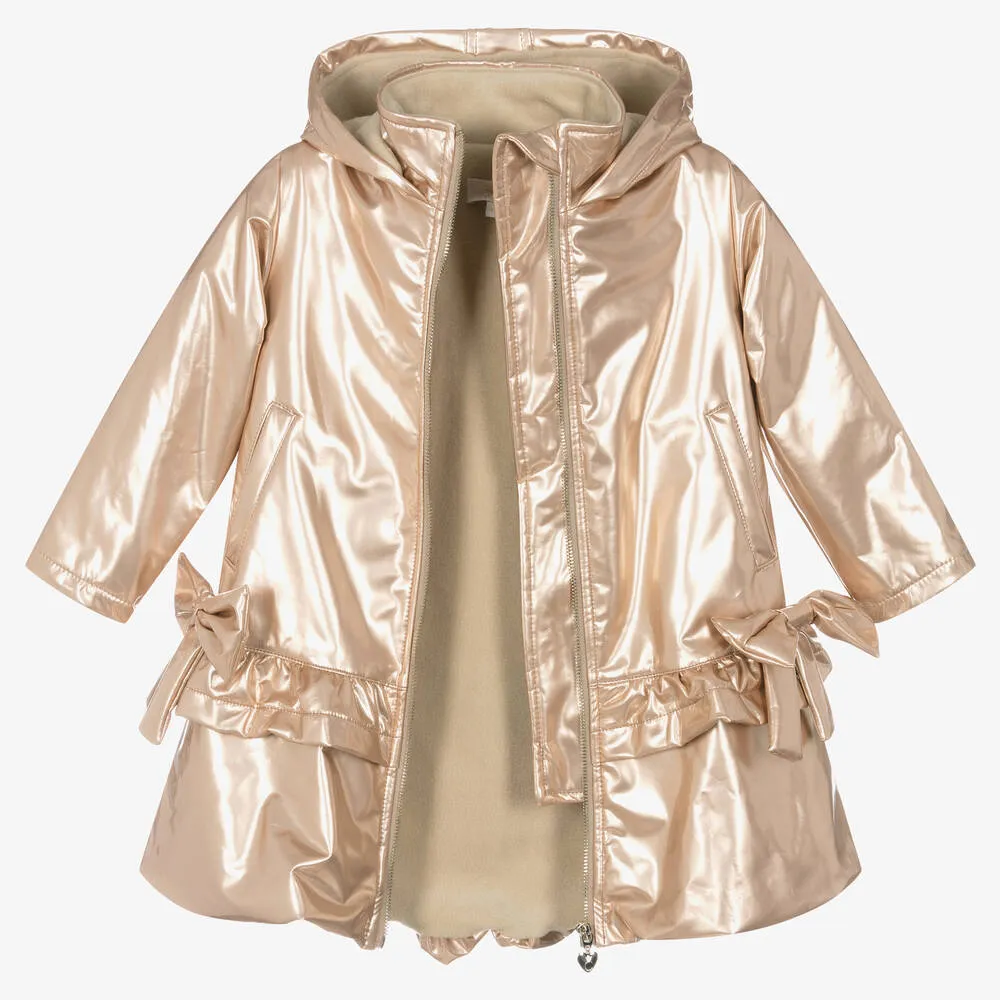 Shimmering Gold Bow Hooded Coat for Girls