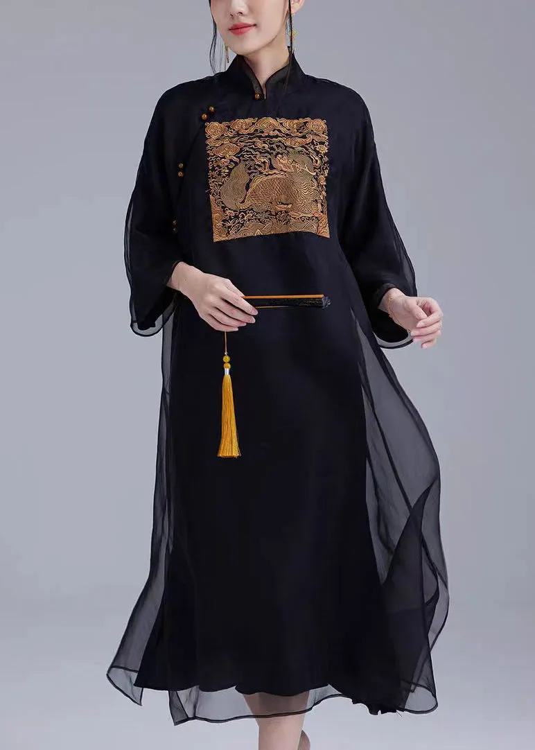 Silk Dress with Black Button Pockets and Stand Collar