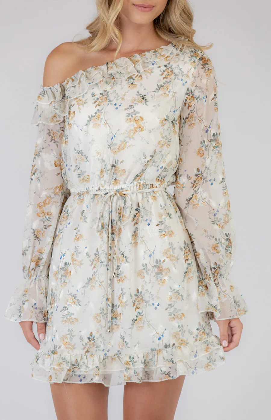 Single Off Shoulder Floral Textured Dress