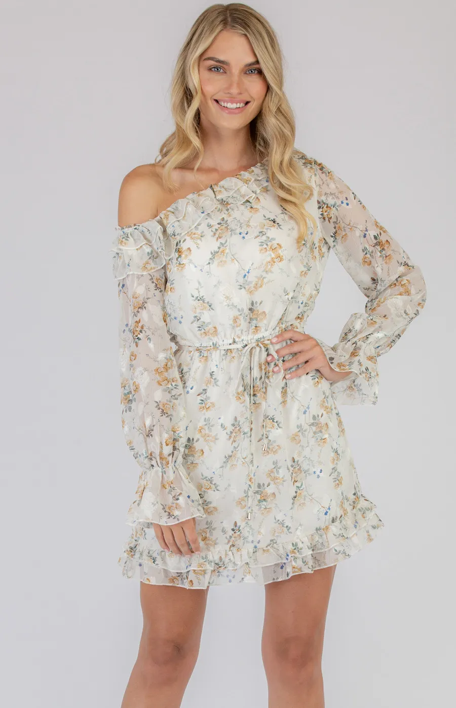 Single Off Shoulder Floral Textured Dress