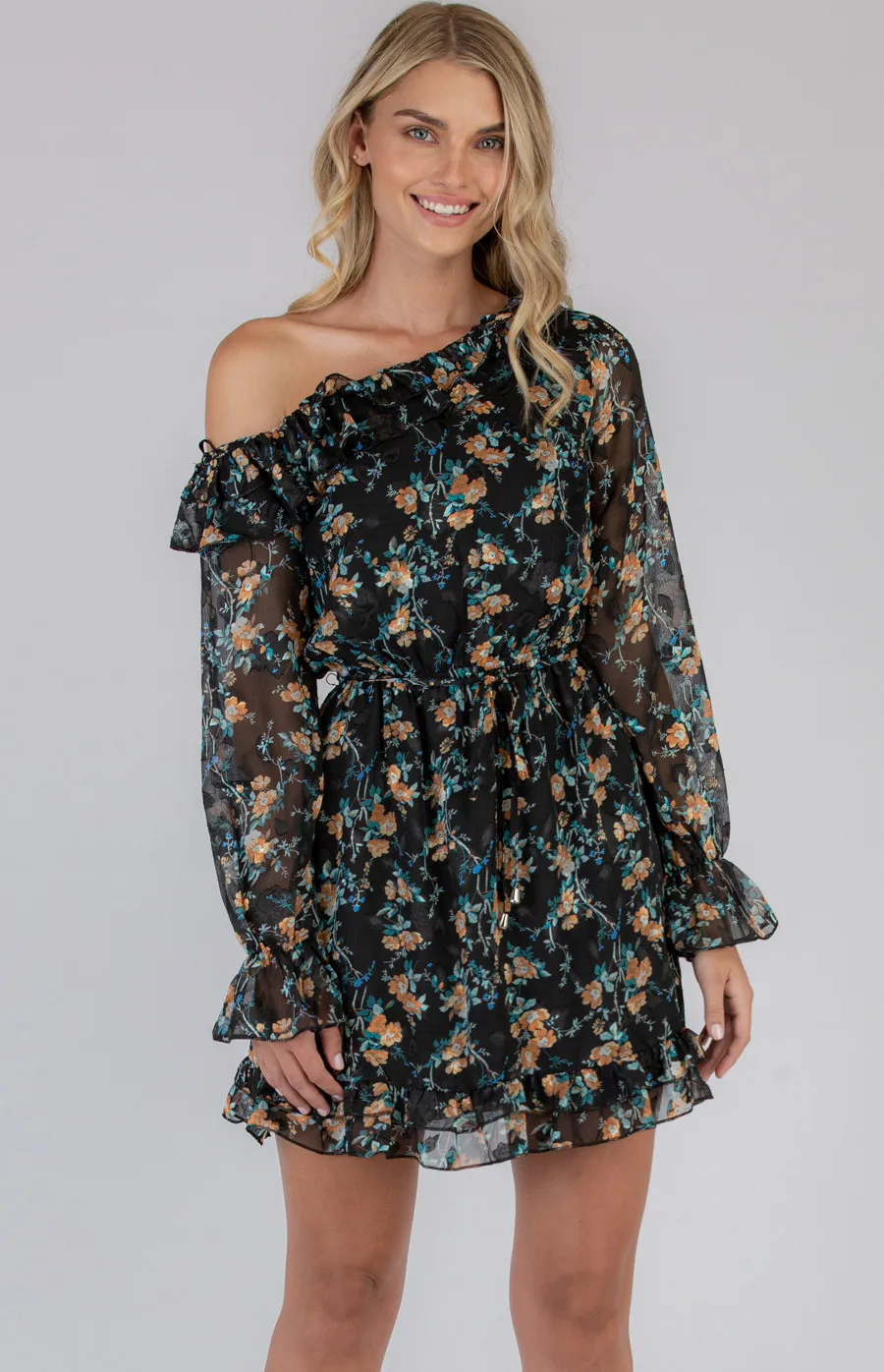 Single Off Shoulder Floral Textured Dress