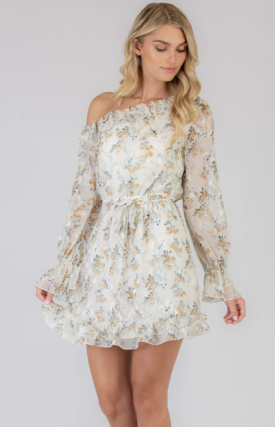 Single Off Shoulder Floral Textured Dress