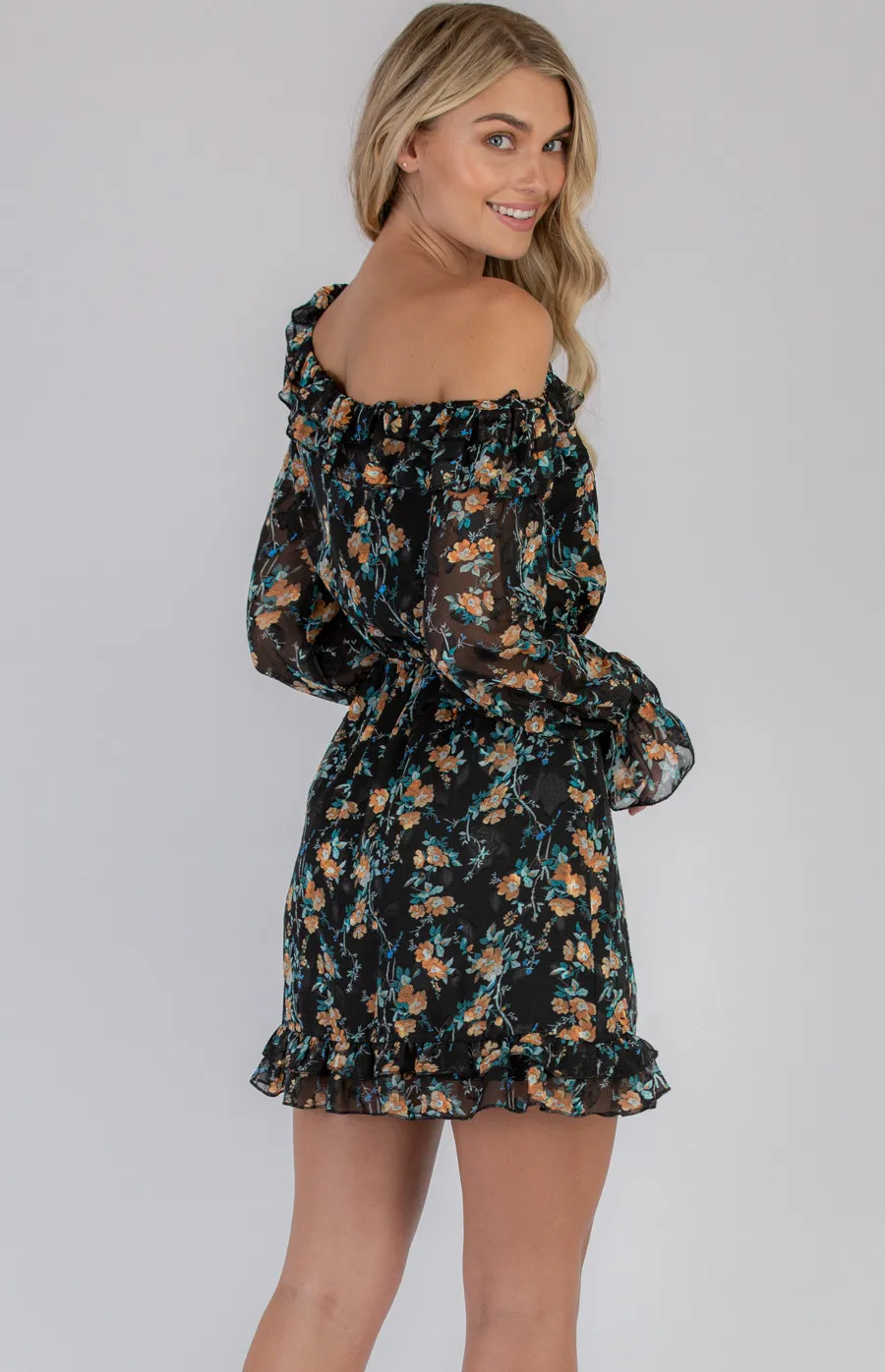 Single Off Shoulder Floral Textured Dress