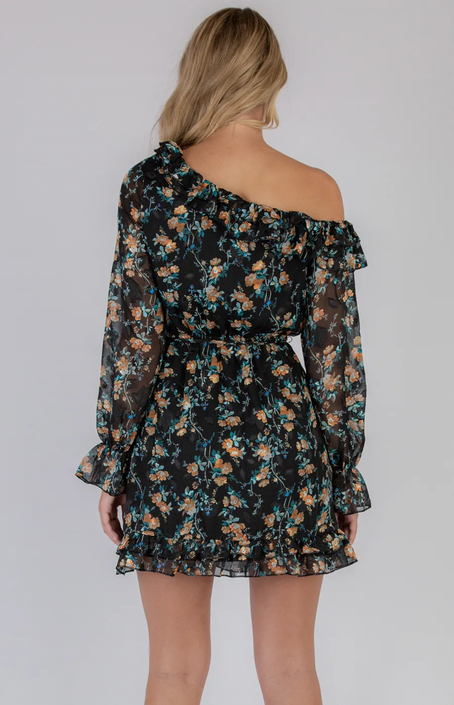 Single Off Shoulder Floral Textured Dress