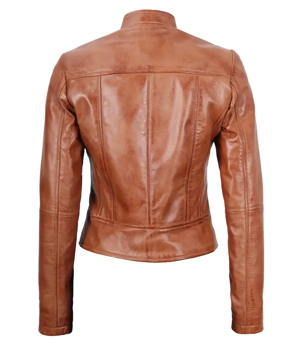 Tan Women's Motorcycle Leather Jacket - Cafe Racer Style