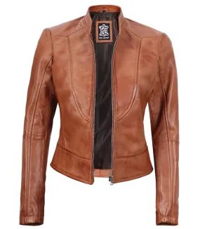 Tan Women's Motorcycle Leather Jacket - Cafe Racer Style