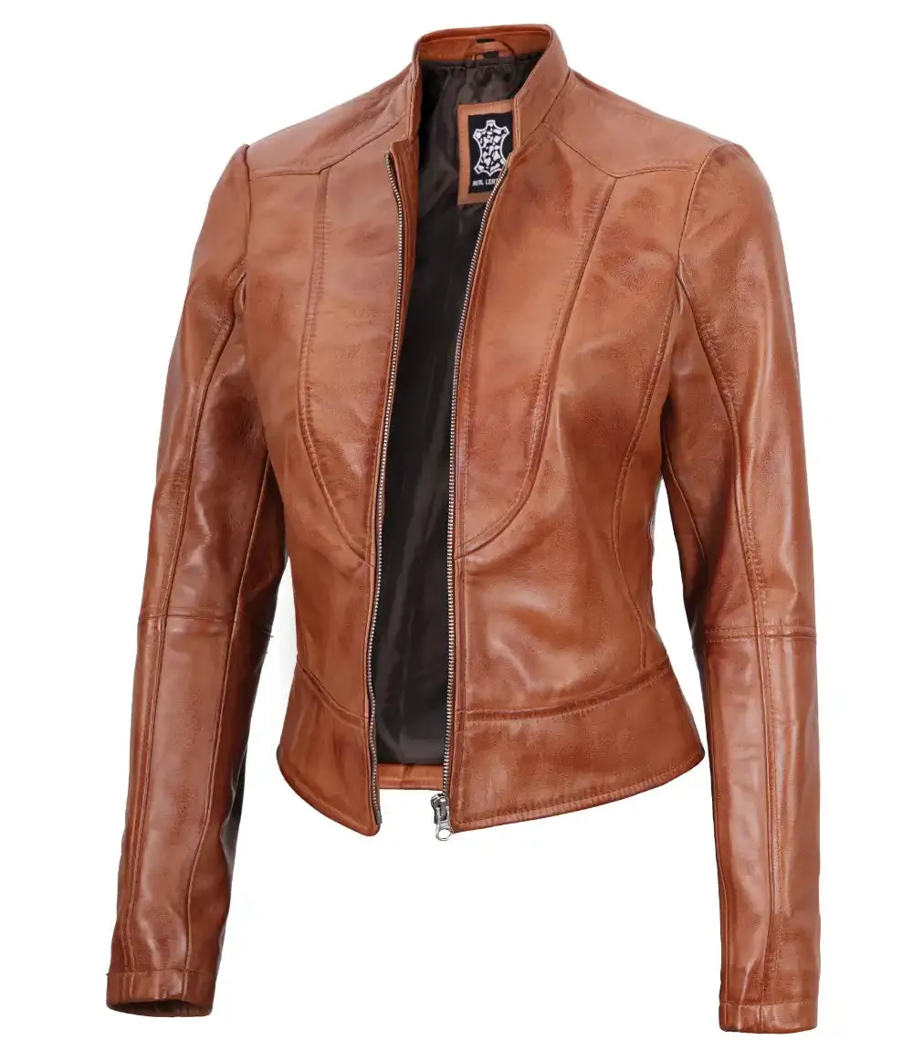 Tan Women's Motorcycle Leather Jacket - Cafe Racer Style