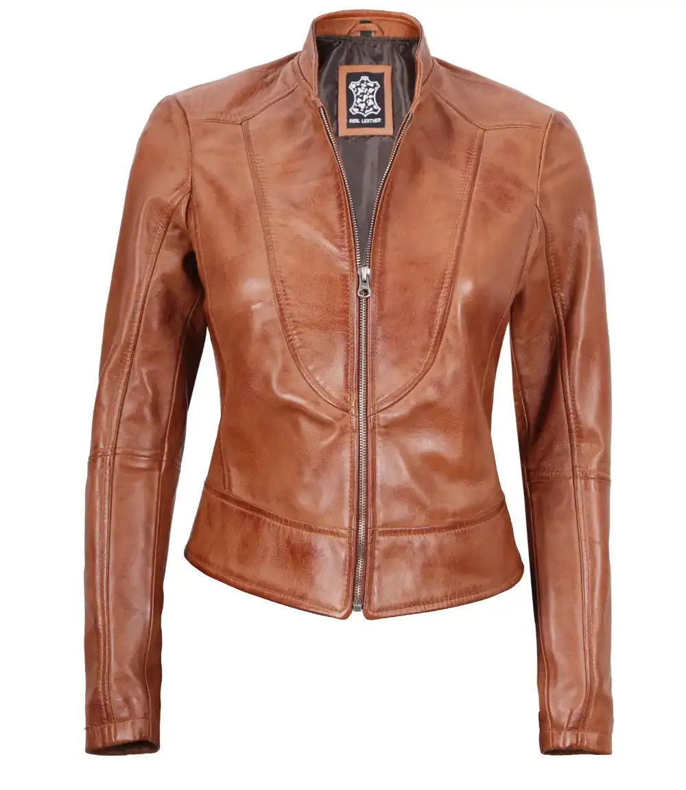 Tan Women's Motorcycle Leather Jacket - Cafe Racer Style