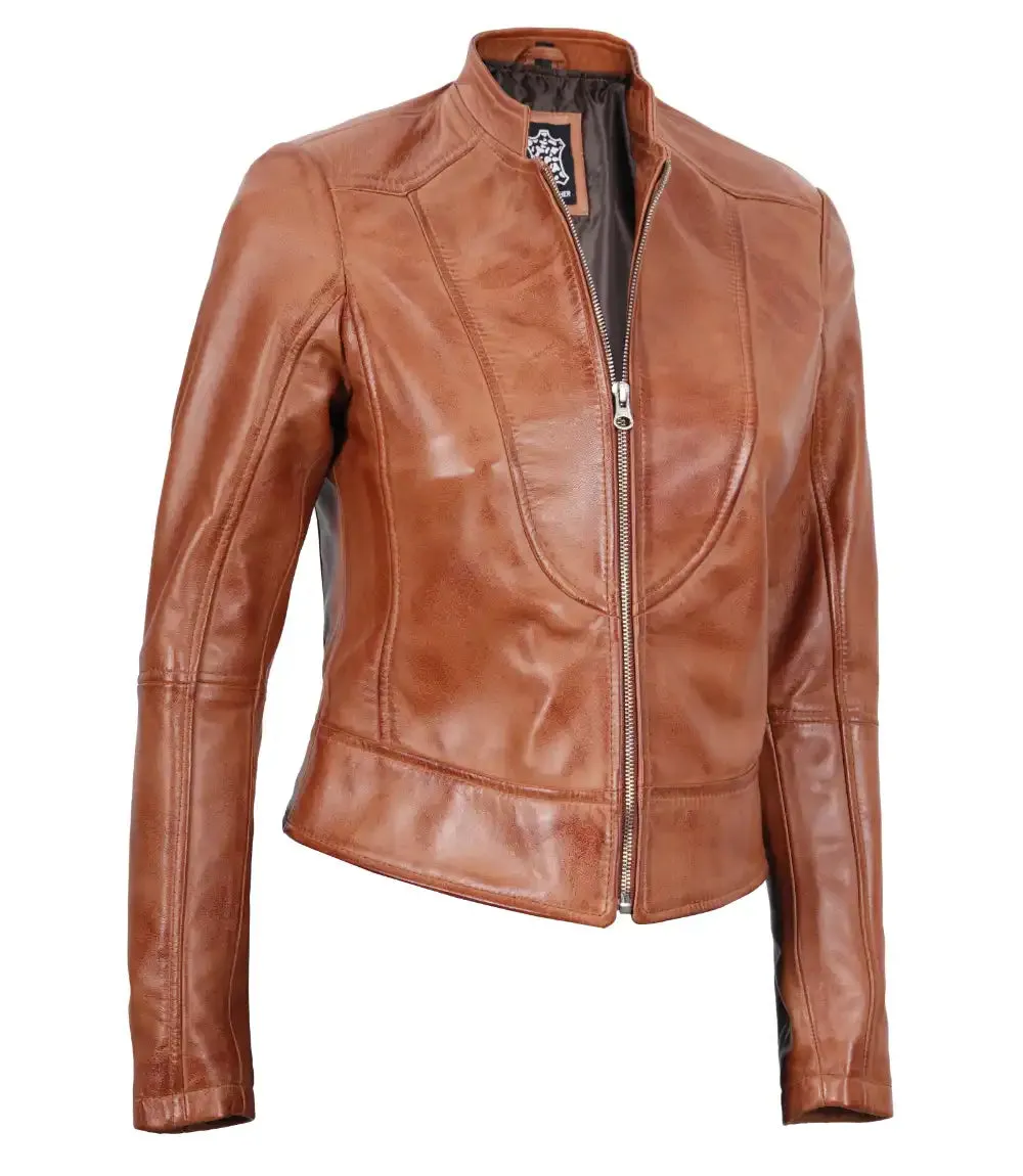 Tan Women's Motorcycle Leather Jacket - Cafe Racer Style