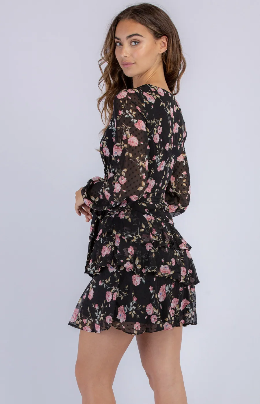 Tiered Hem Textured Print Dress (SDR825A) - Women's Fashion