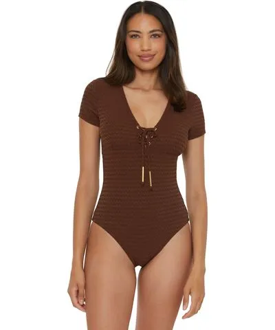 Trina Turk Glimmer Metallic Lace-Up One-Piece Swimsuit With Cap Sleeves in Totem Brown Size 14