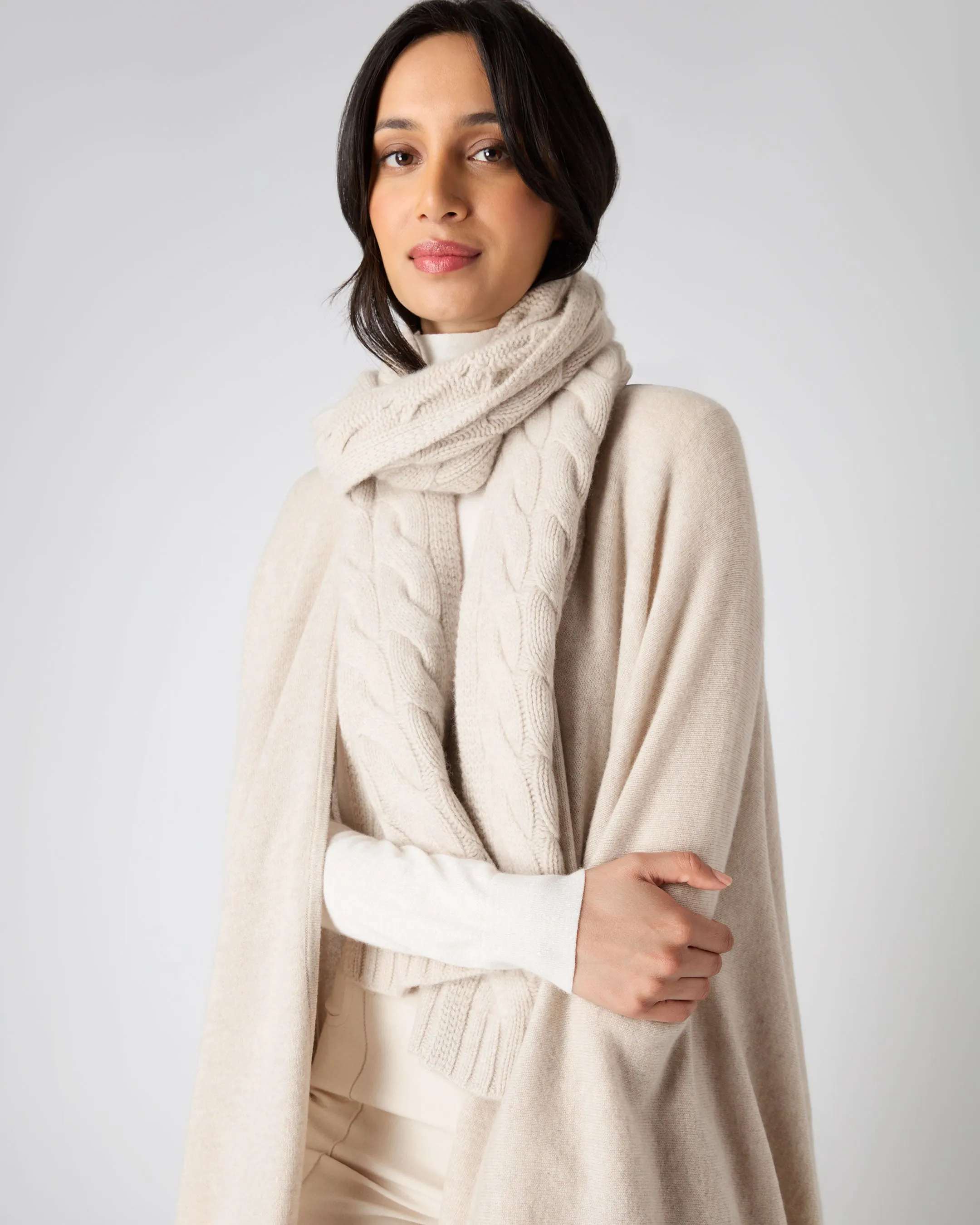 Chunky Cable Cashmere Scarf - Unisex, Heather Beige Brown