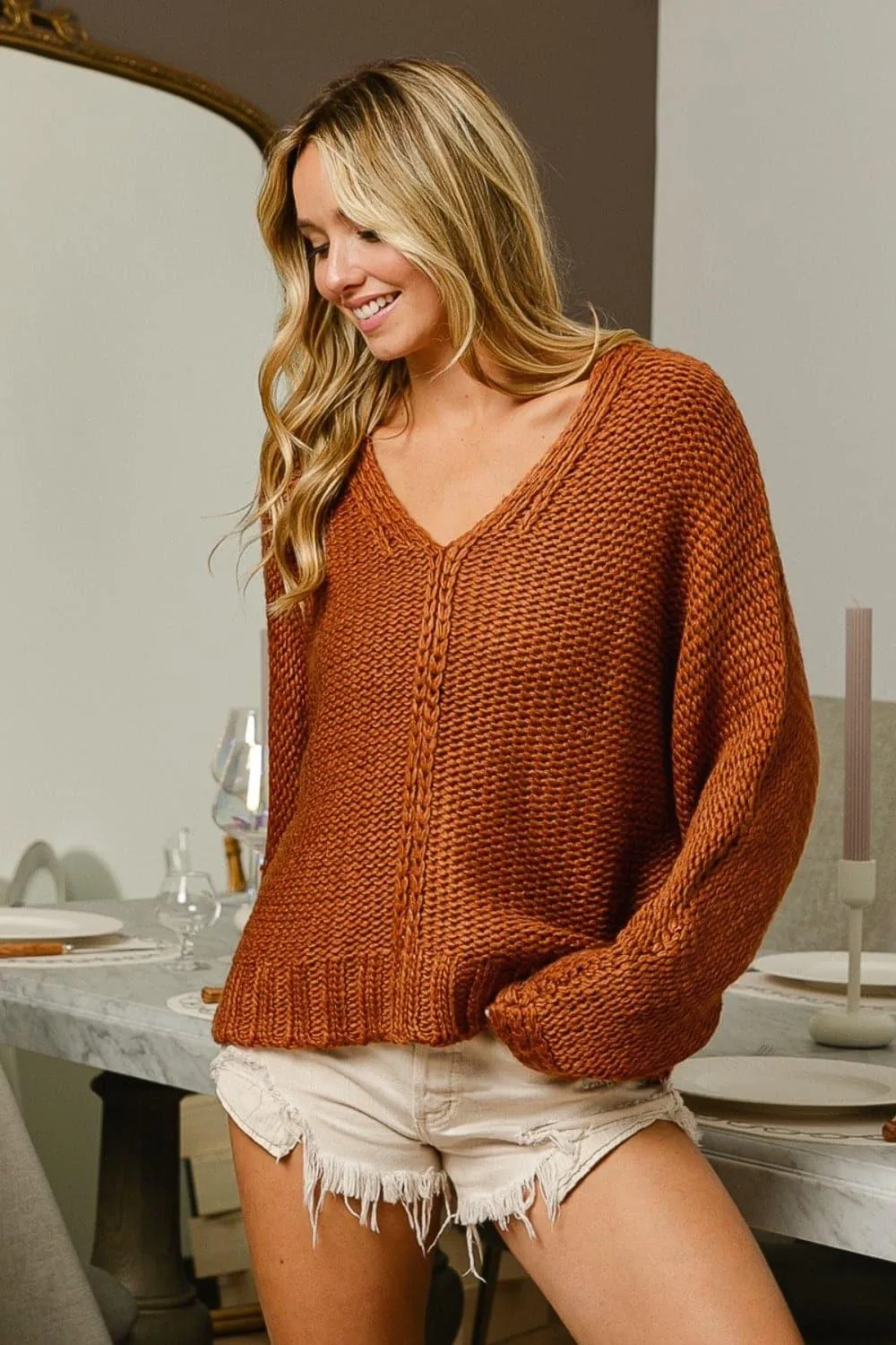 V-Neck Cable Knit Sweater by BiBi