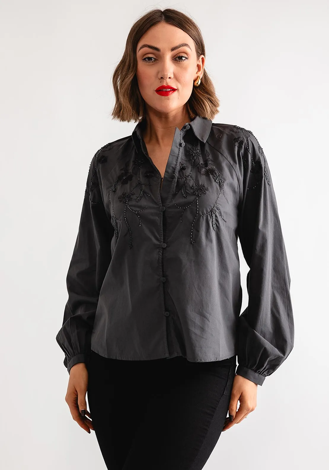 Vero Moda Christine Embroidered Shirt, Asphalt