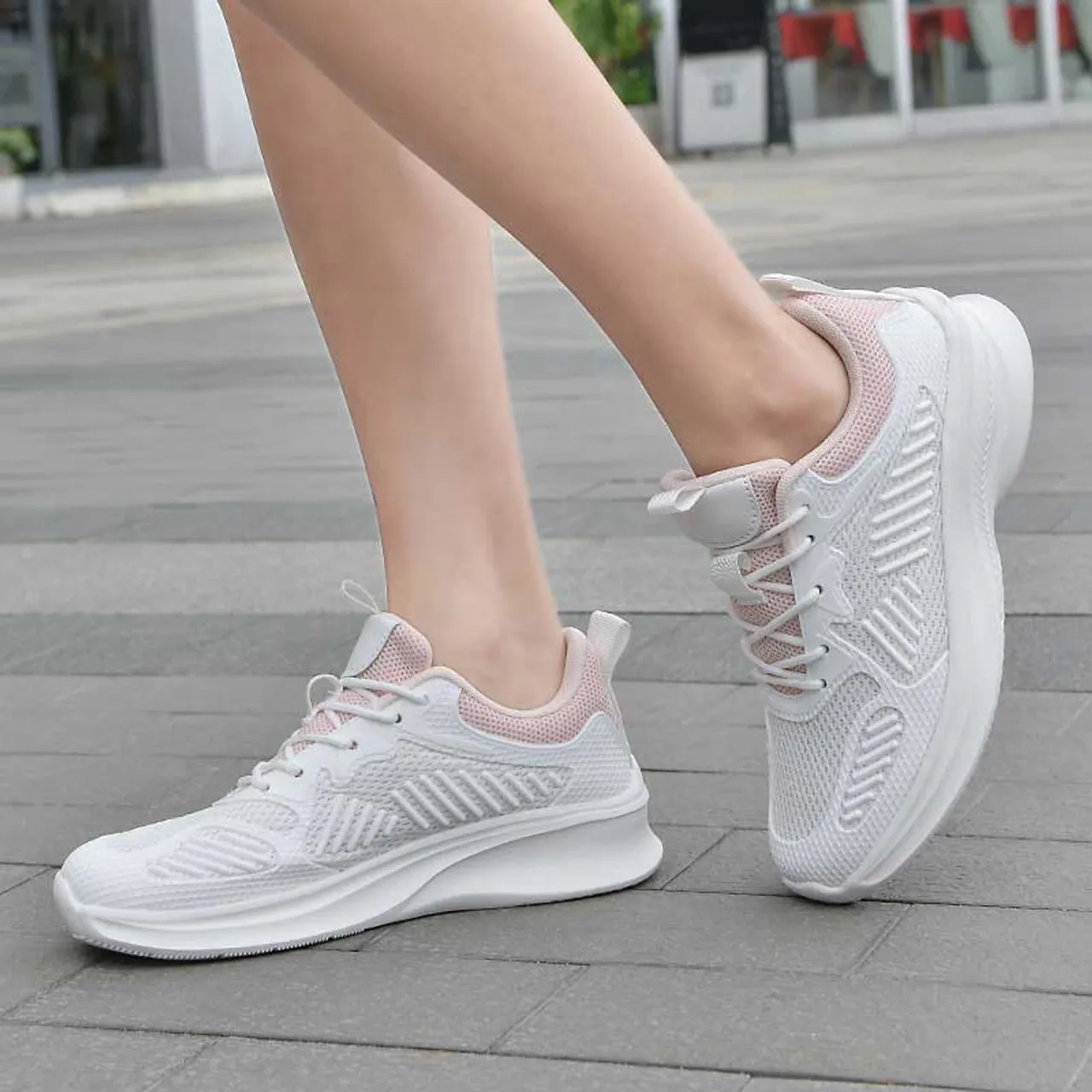 White Pink Mesh Stripe Accents Shoe Sneaker