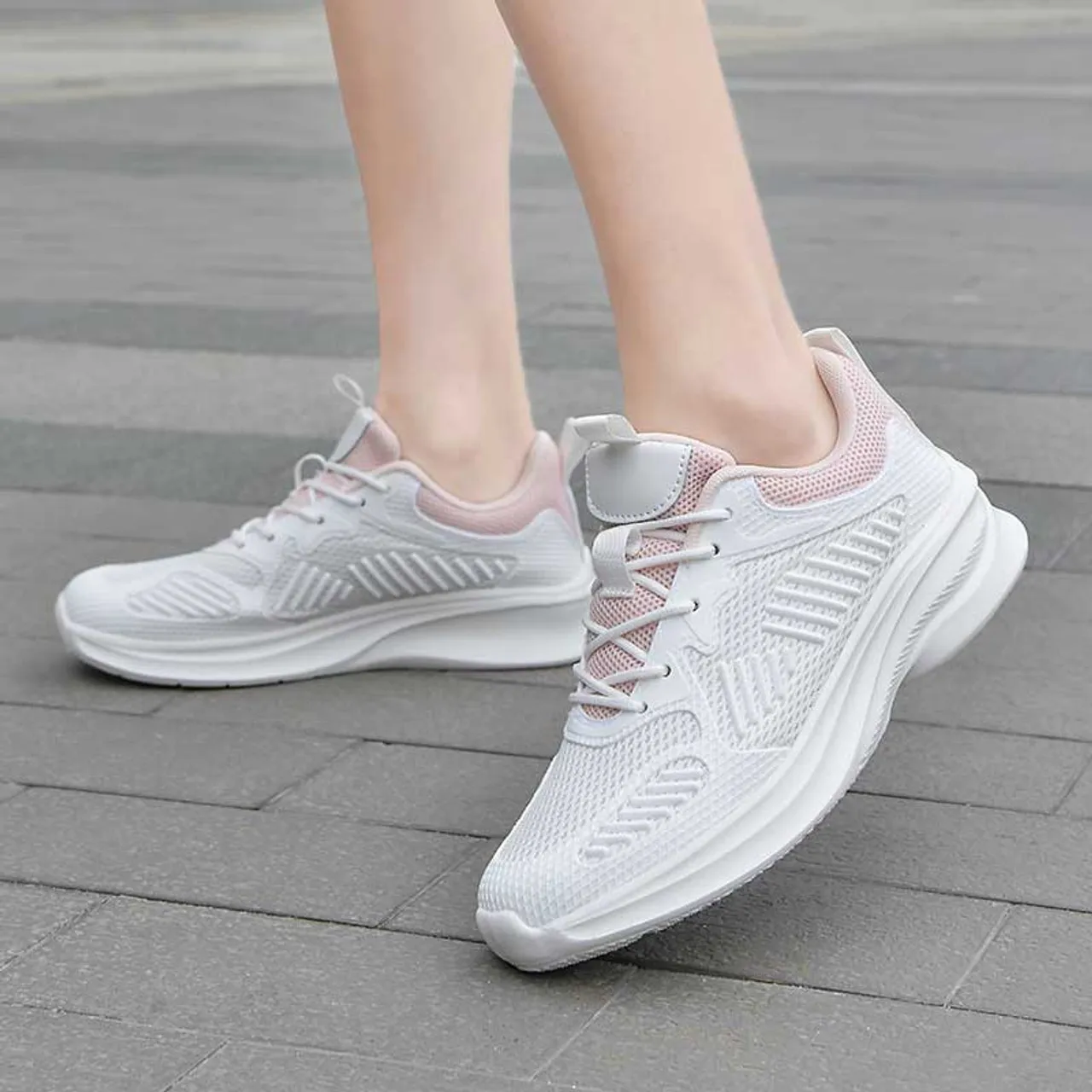 White Pink Mesh Stripe Accents Shoe Sneaker