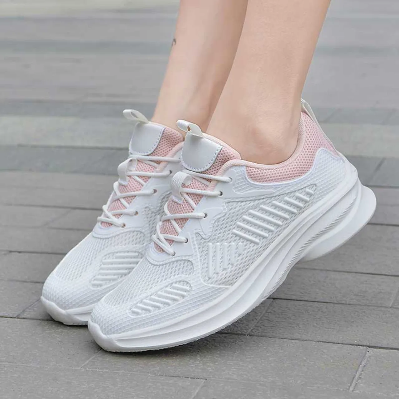 White Pink Mesh Stripe Accents Shoe Sneaker