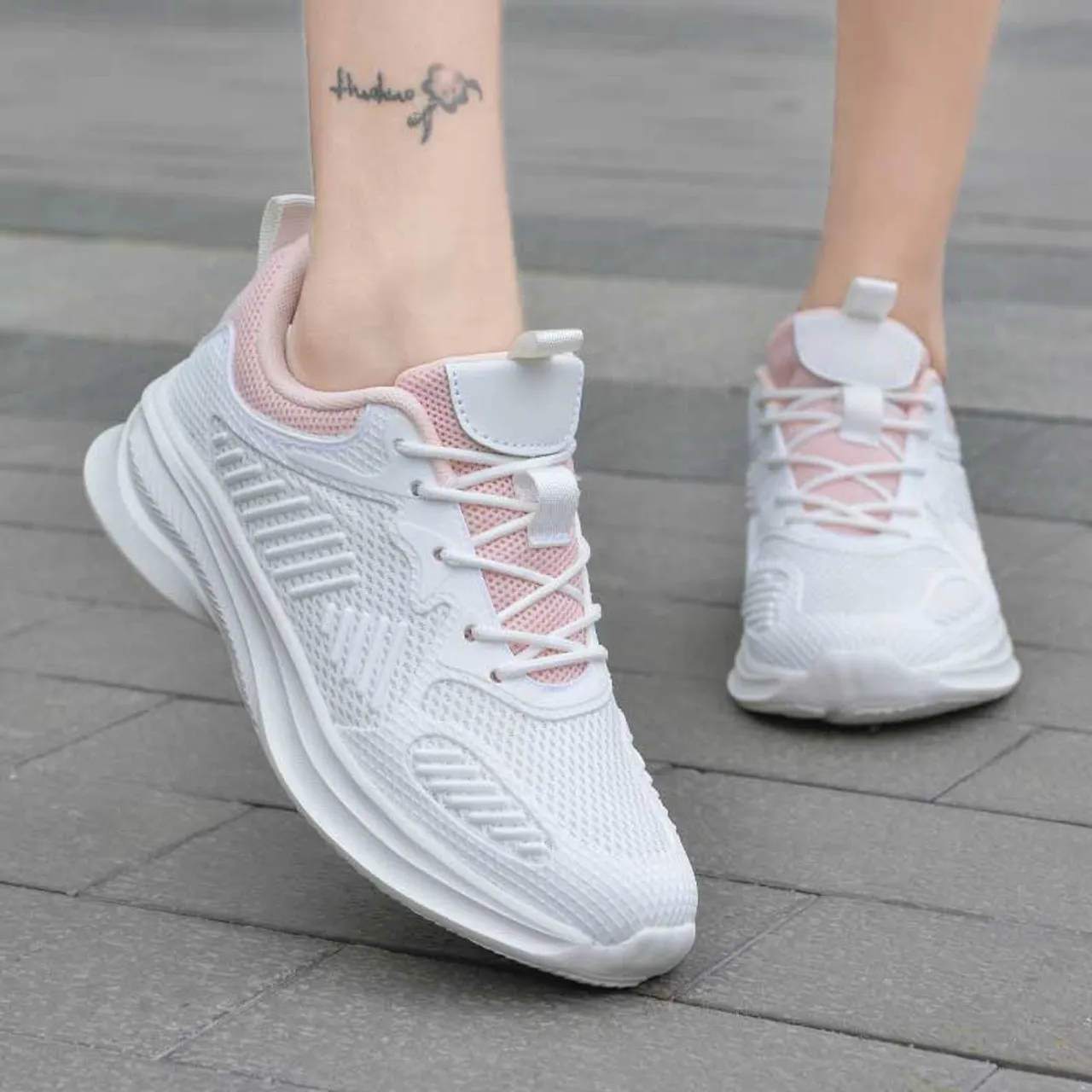 White Pink Mesh Stripe Accents Shoe Sneaker