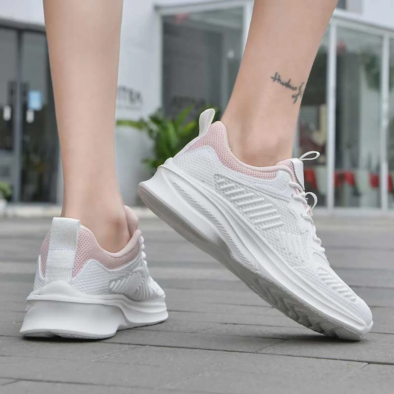 White Pink Mesh Stripe Accents Shoe Sneaker