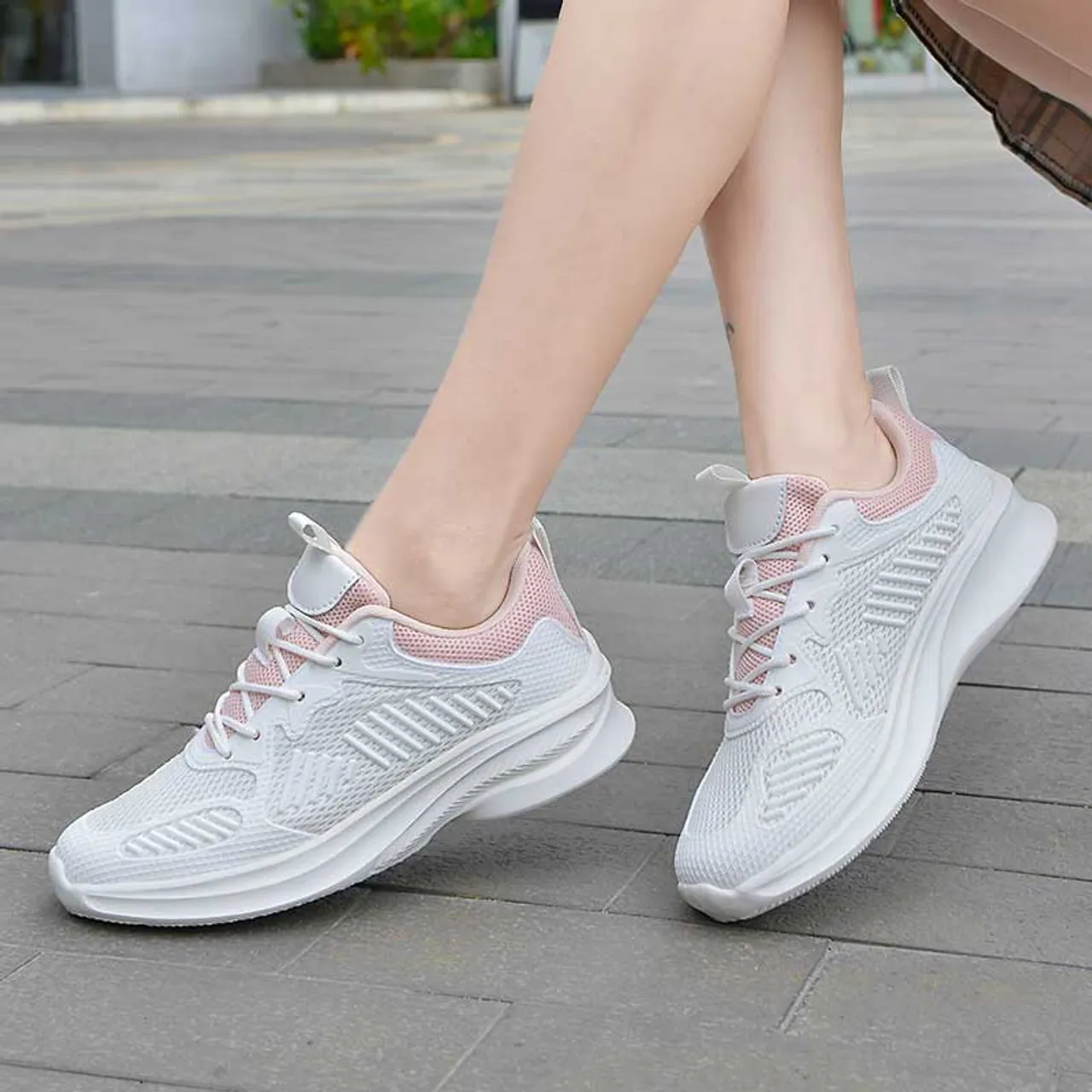 White Pink Mesh Stripe Accents Shoe Sneaker