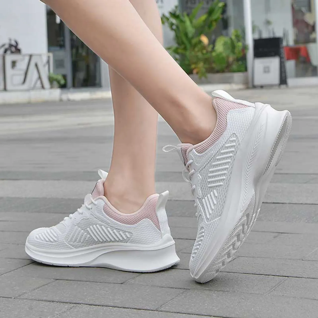 White Pink Mesh Stripe Accents Shoe Sneaker