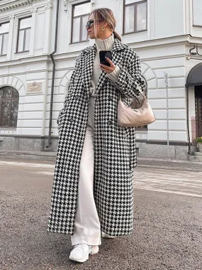 Winter Houndstooth Overcoat with Notched Lapel and Full Length, Buttons