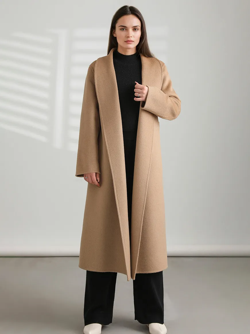 Woman Black Turndown Collar Maxi Coat with Long Sleeves and Sash