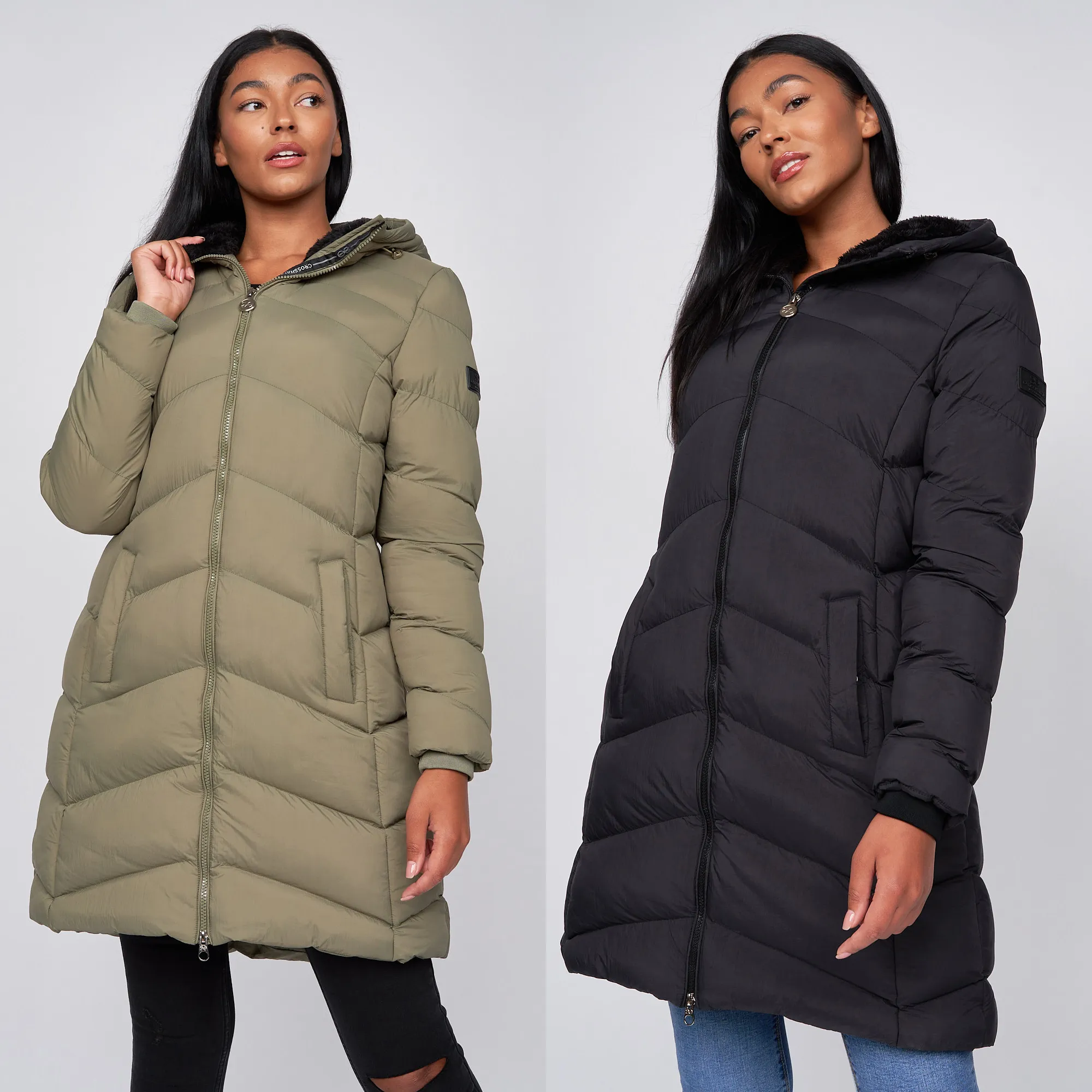 Women's Long Padded Crosshatch Black & Olive Winter Coat