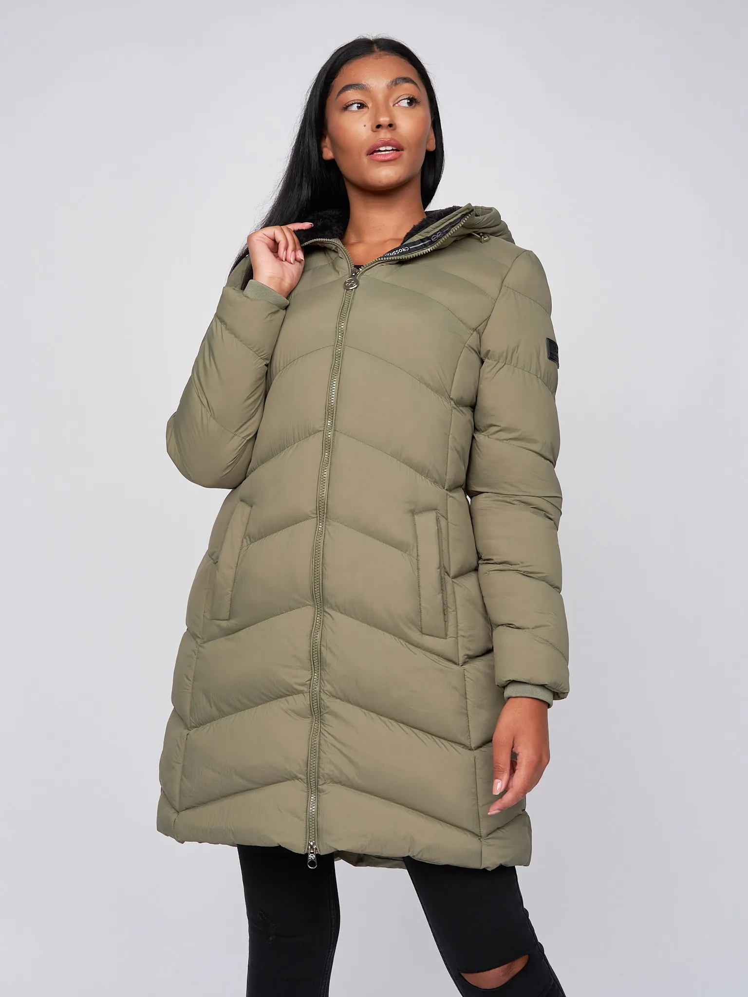 Women's Long Padded Crosshatch Black & Olive Winter Coat