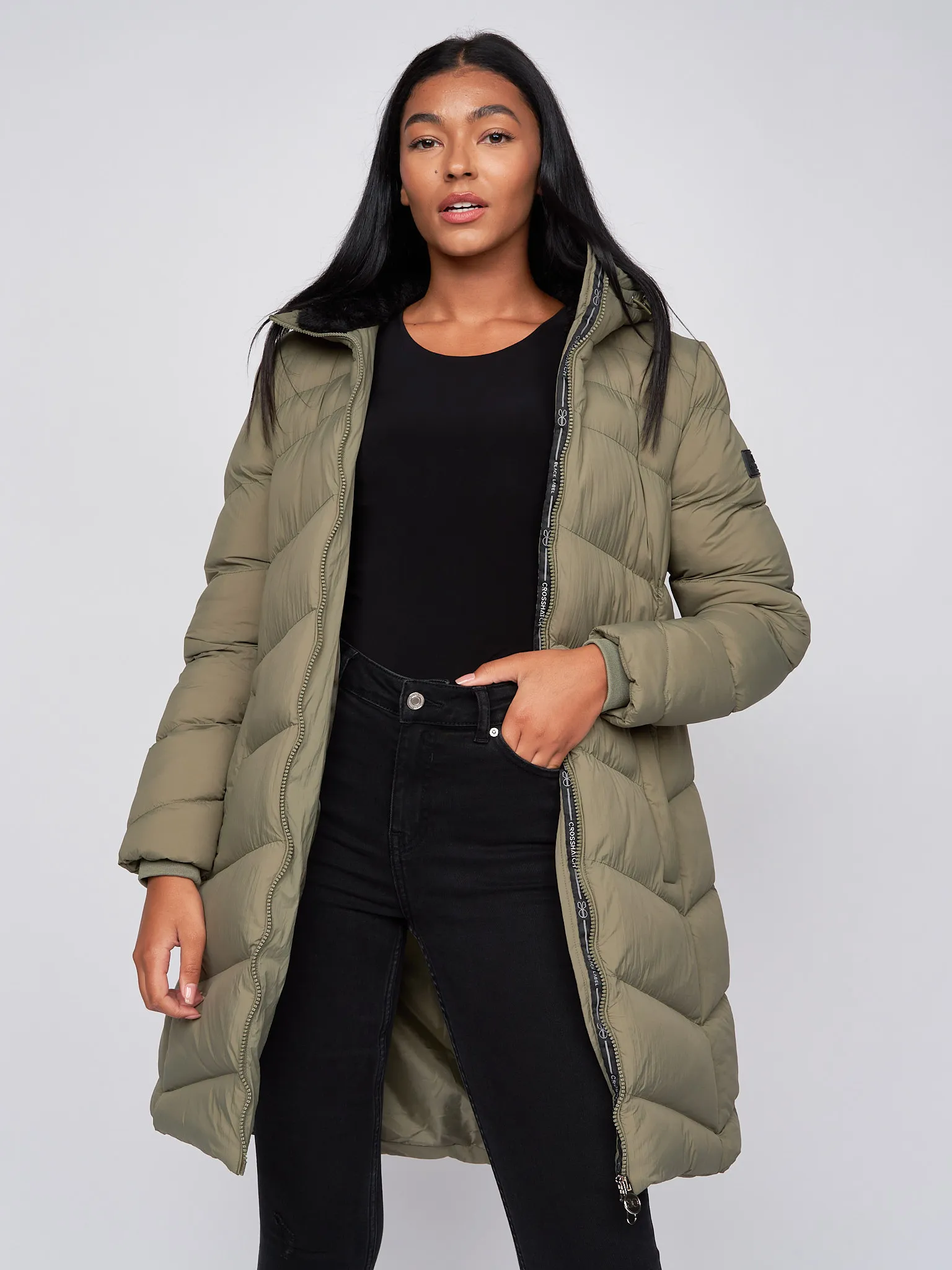 Women's Long Padded Crosshatch Black & Olive Winter Coat