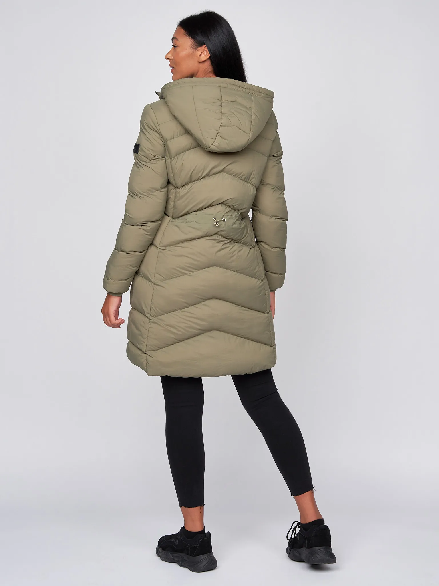 Women's Long Padded Crosshatch Black & Olive Winter Coat