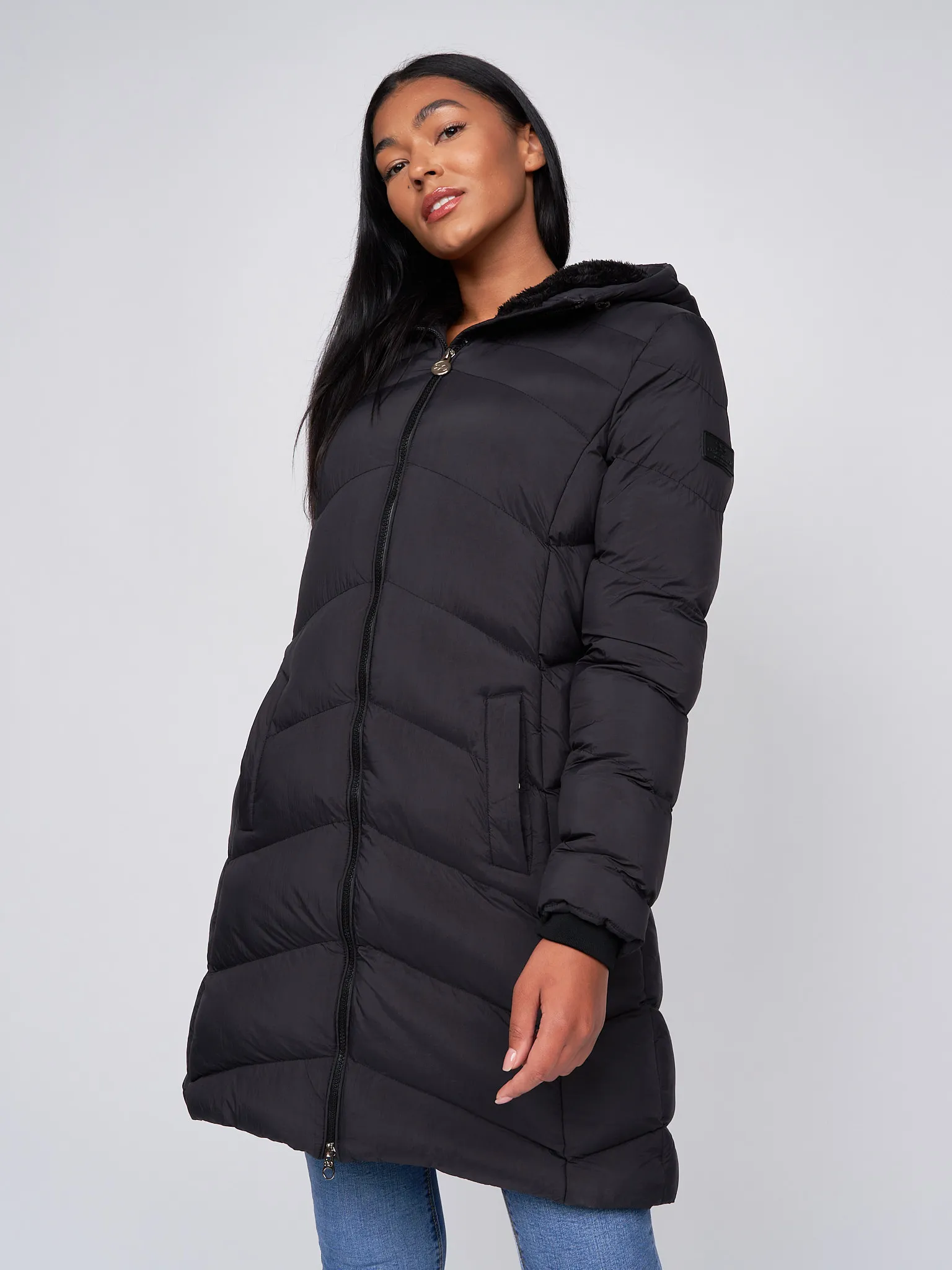 Women's Long Padded Crosshatch Black & Olive Winter Coat