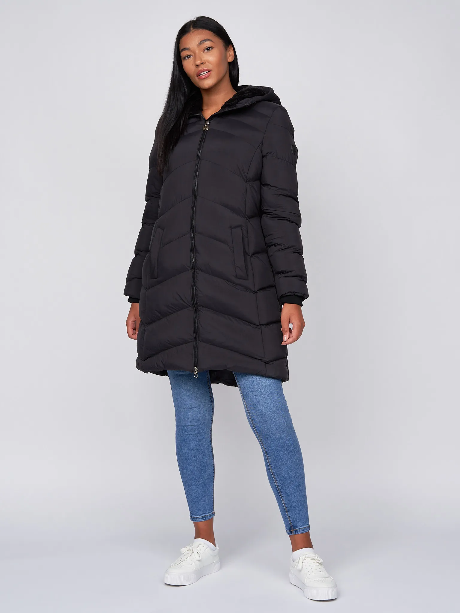 Women's Long Padded Crosshatch Black & Olive Winter Coat