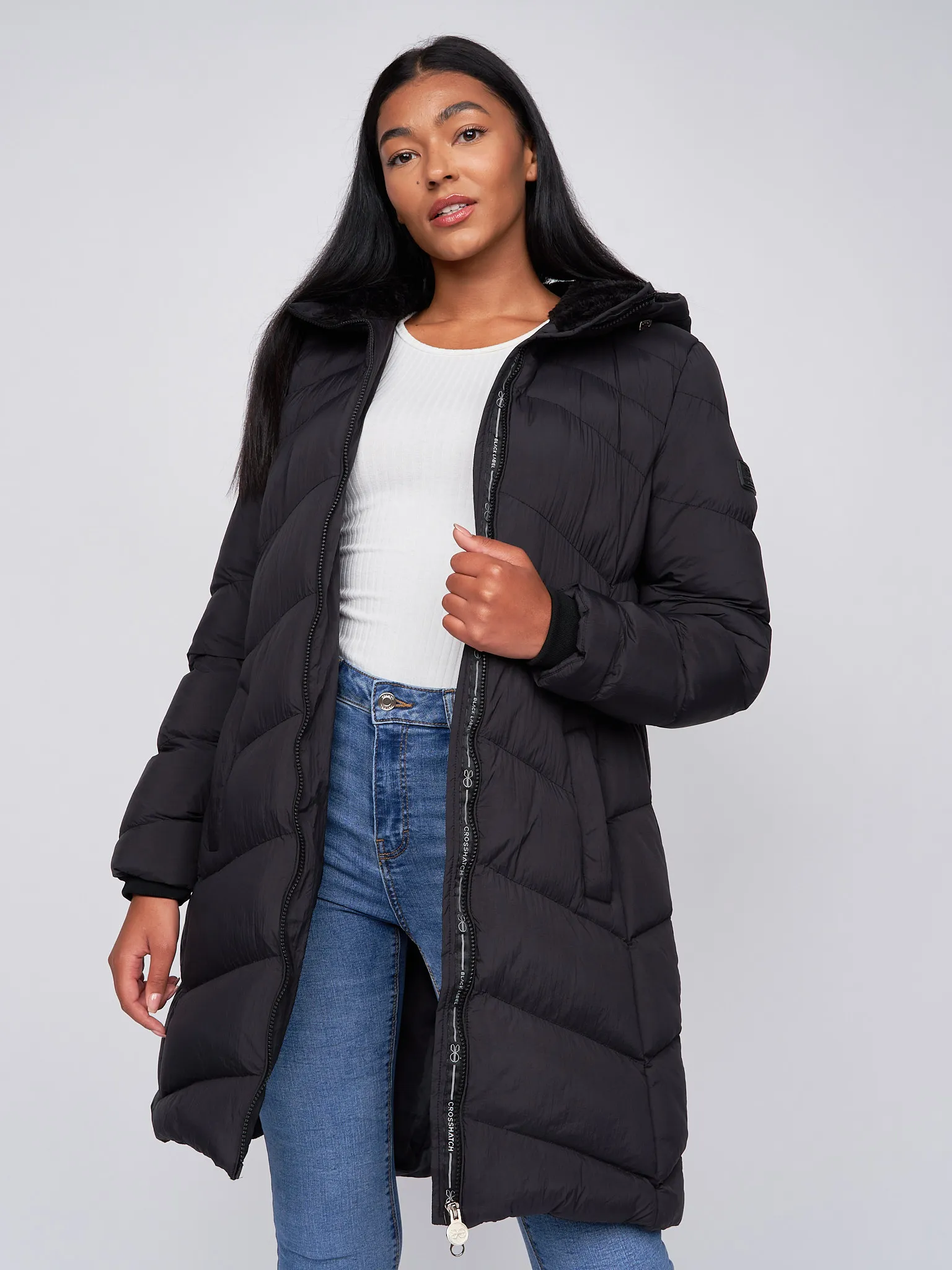 Women's Long Padded Crosshatch Black & Olive Winter Coat