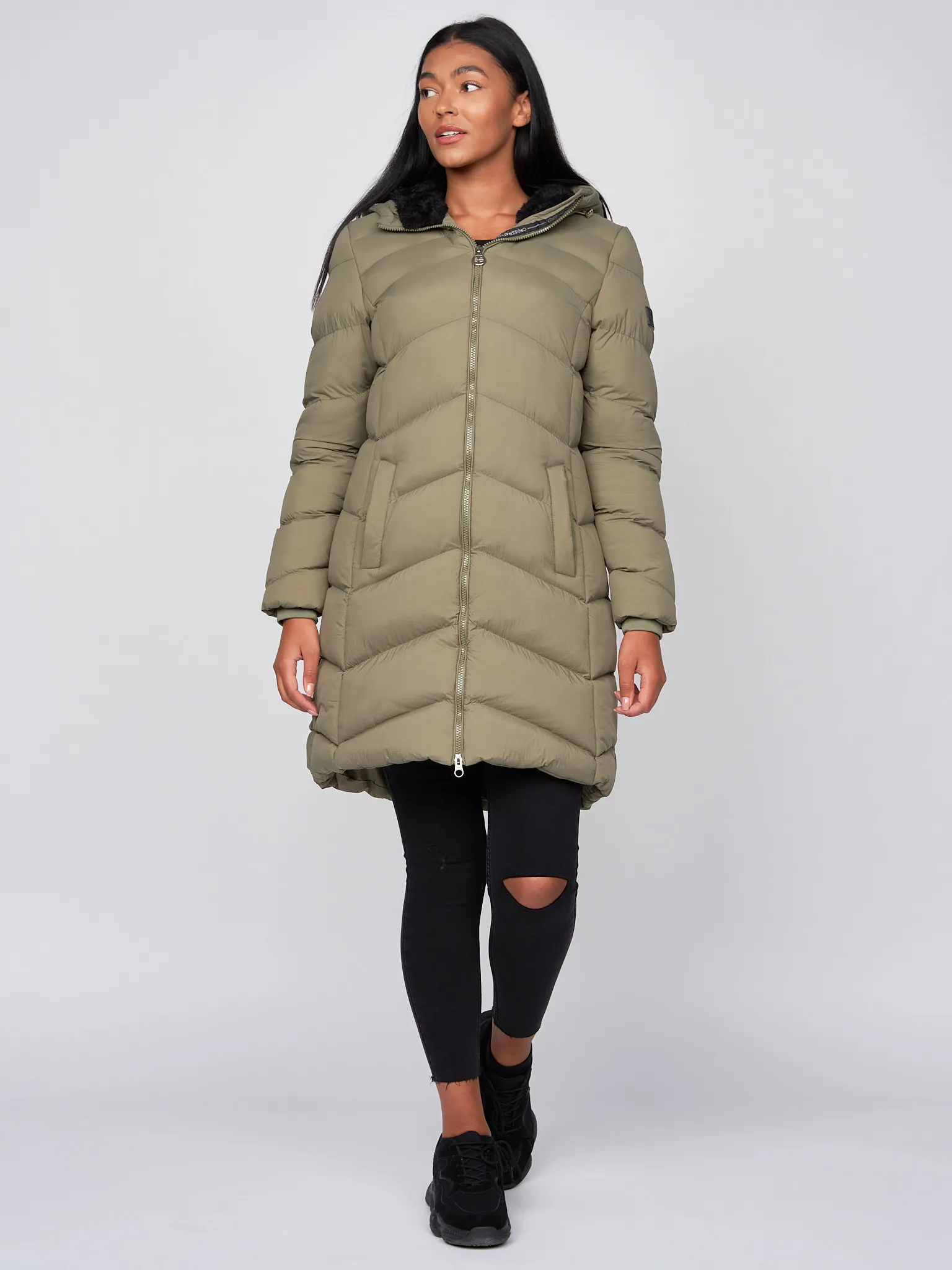 Women's Long Padded Crosshatch Black & Olive Winter Coat