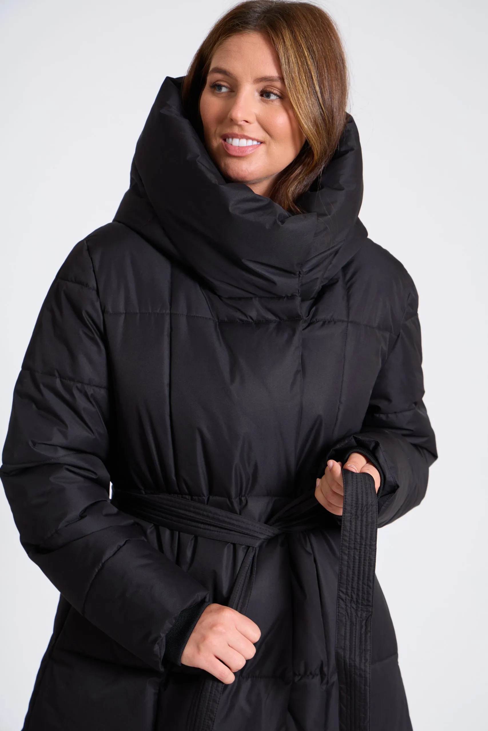 Women's Belted Winter Coat with Funnel Neck