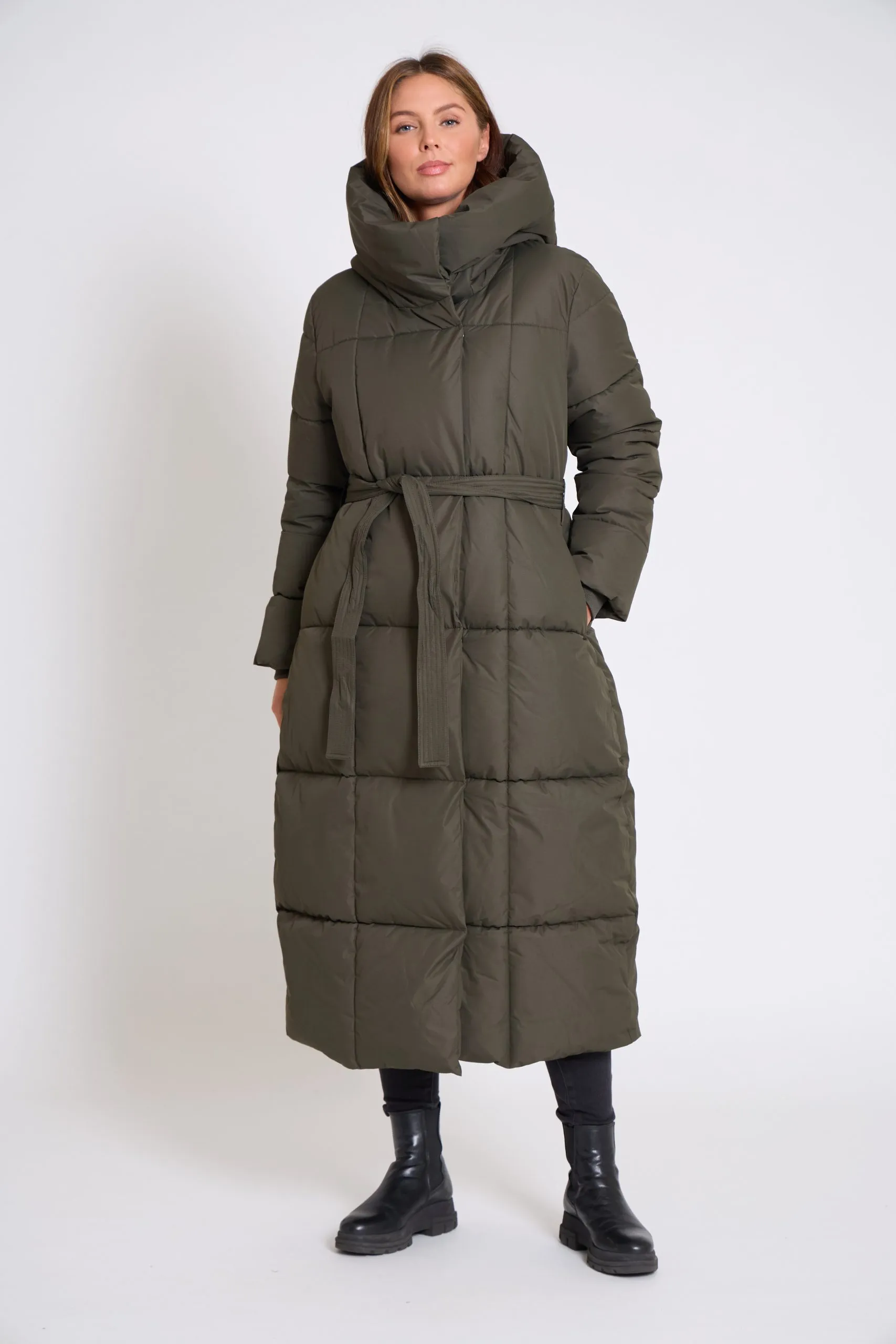 Women's Belted Winter Coat with Funnel Neck