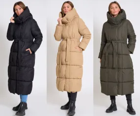 Women's Belted Winter Coat with Funnel Neck