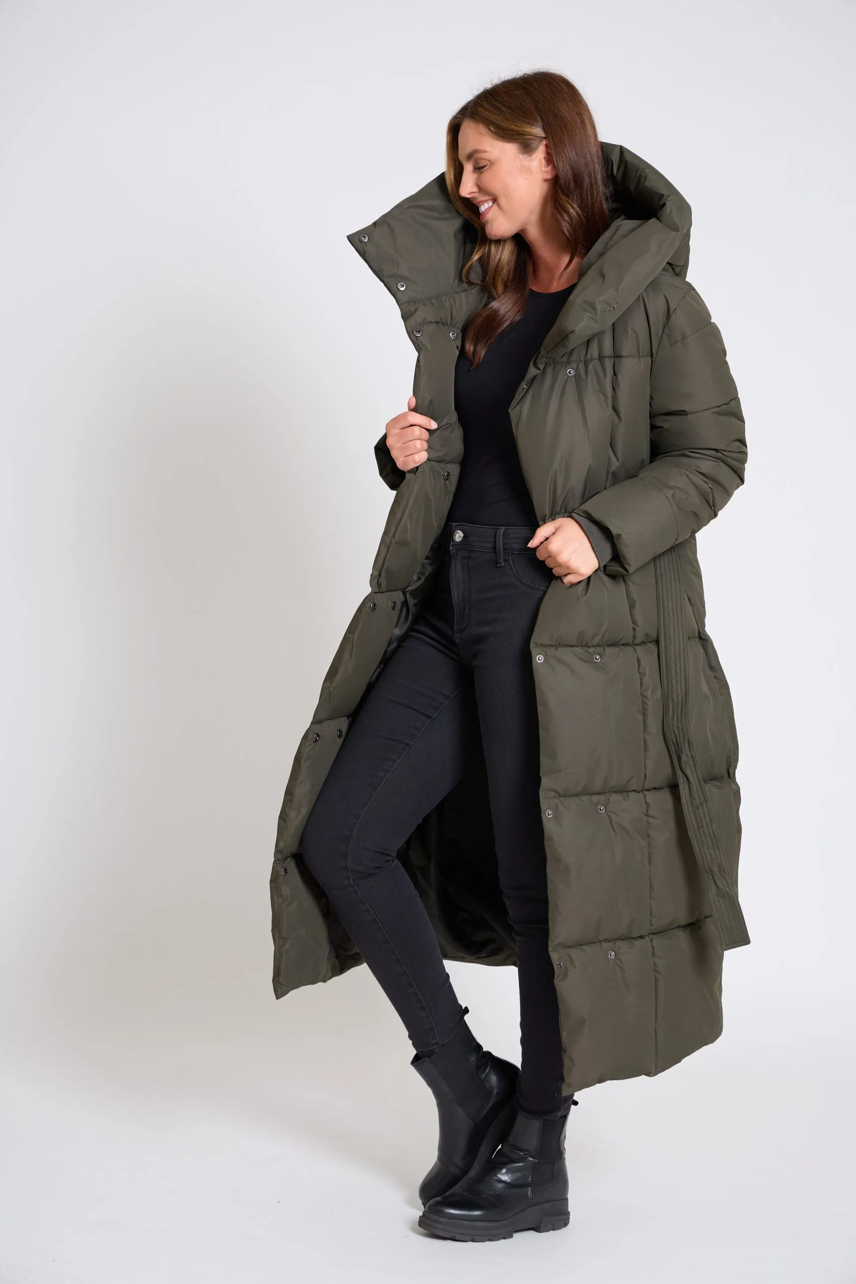 Women's Belted Winter Coat with Funnel Neck