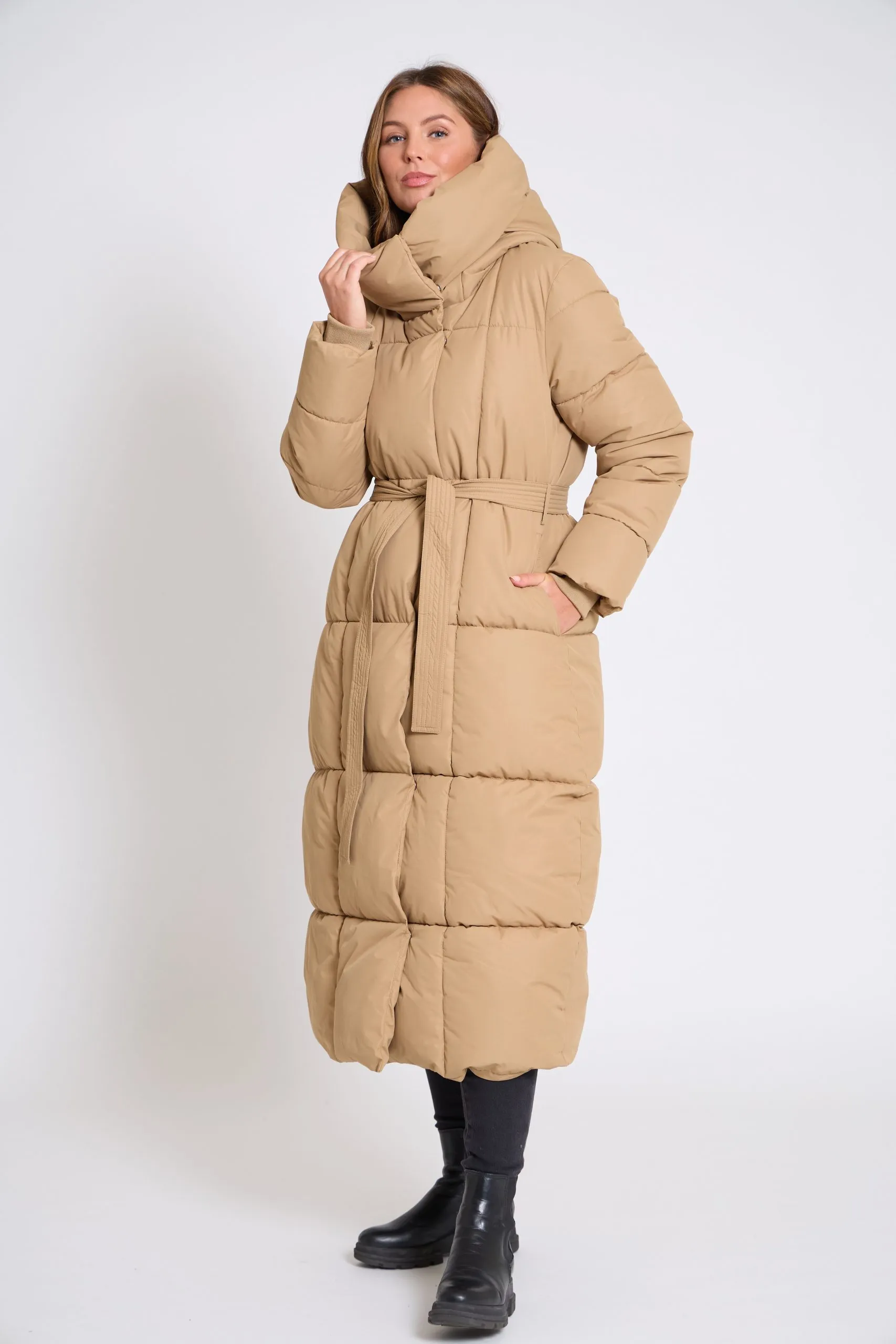 Women's Belted Winter Coat with Funnel Neck