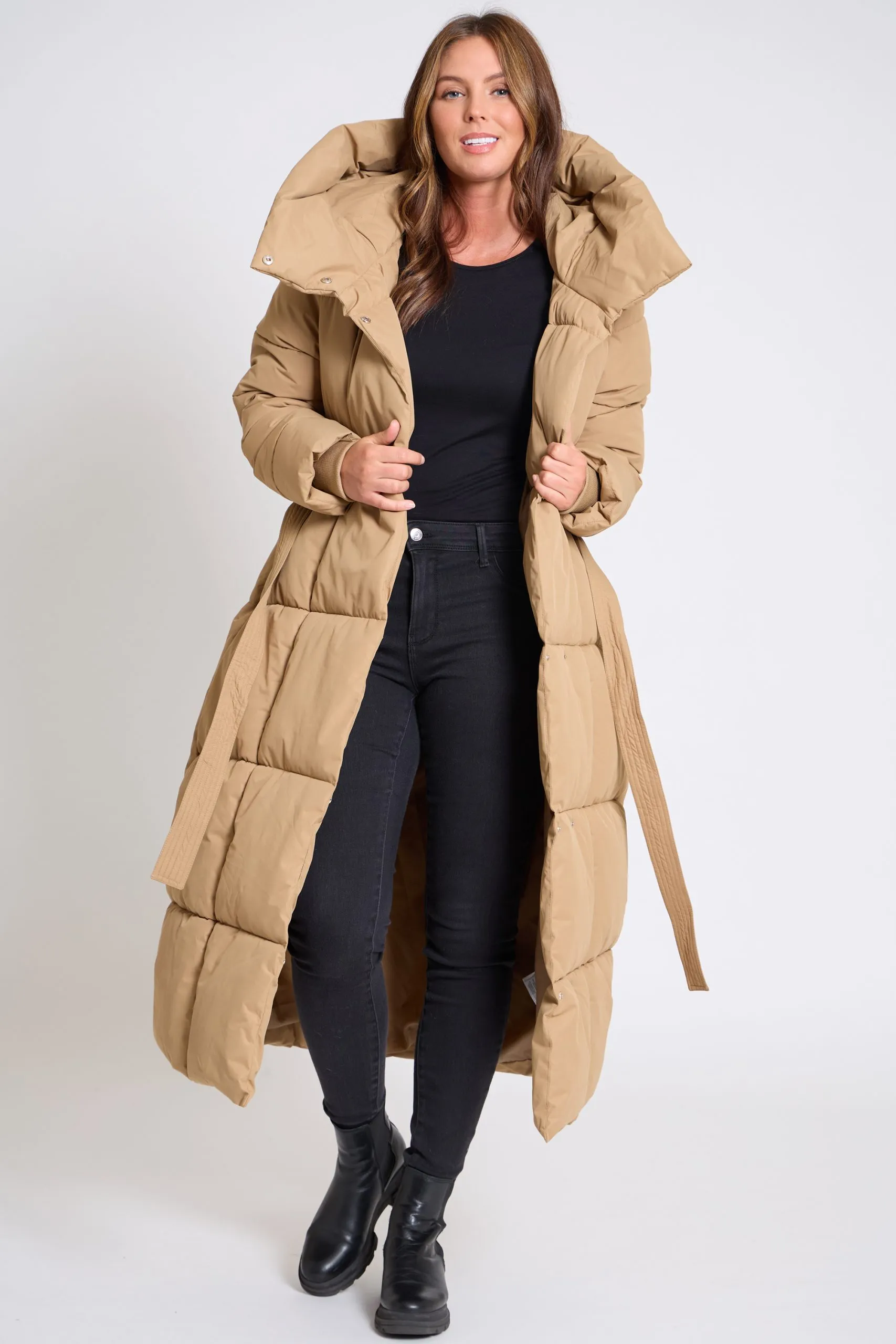 Women's Belted Winter Coat with Funnel Neck