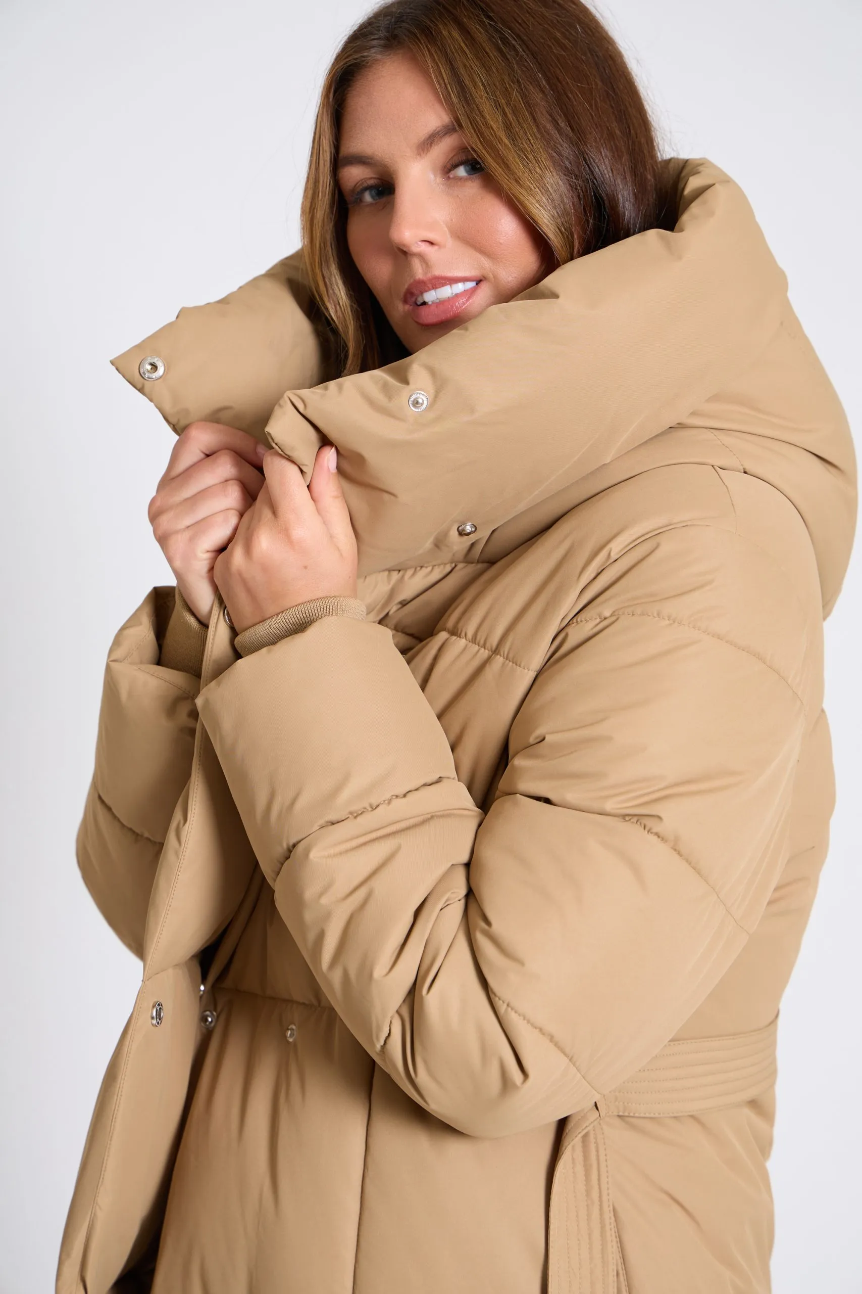 Women's Belted Winter Coat with Funnel Neck