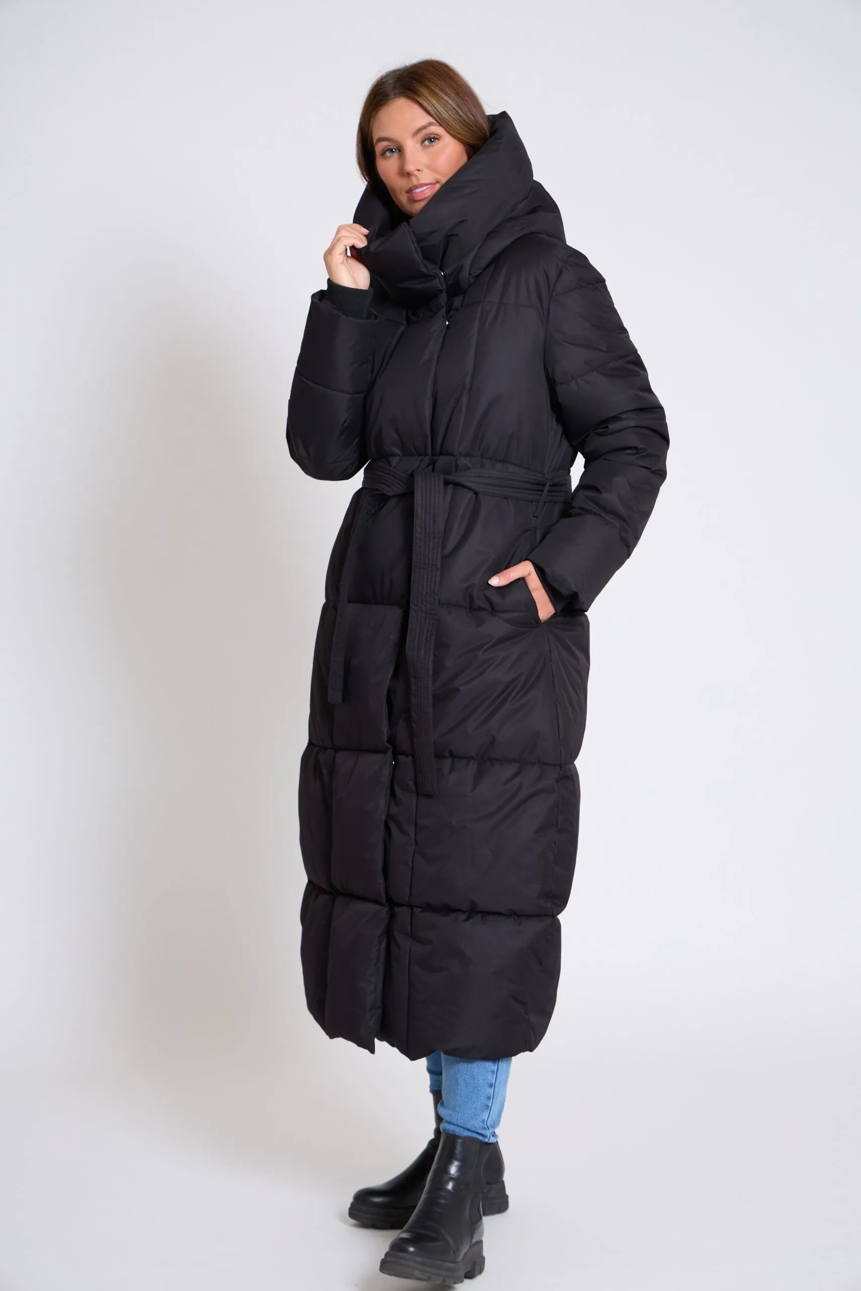 Women's Belted Winter Coat with Funnel Neck