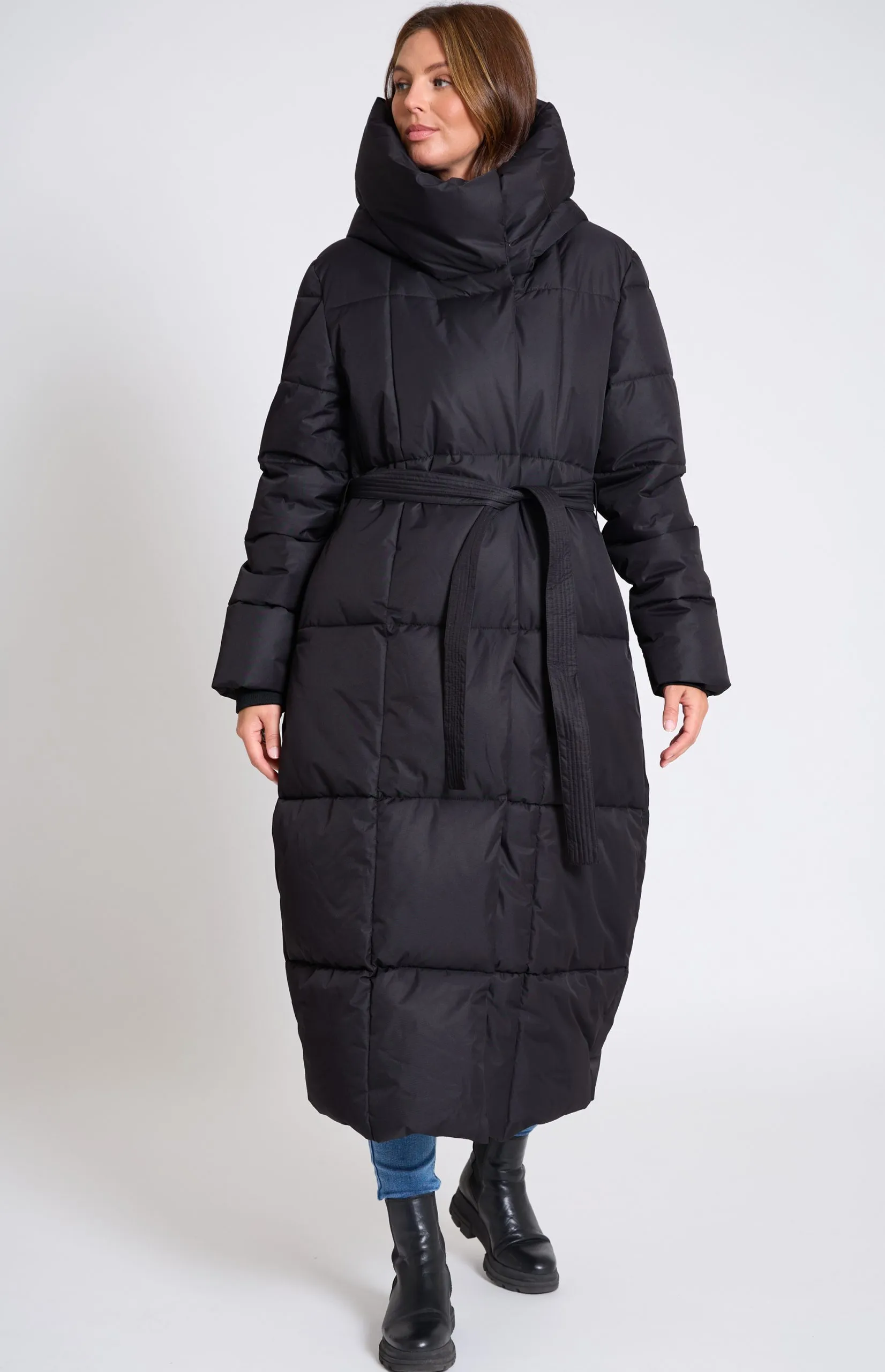 Women's Belted Winter Coat with Funnel Neck