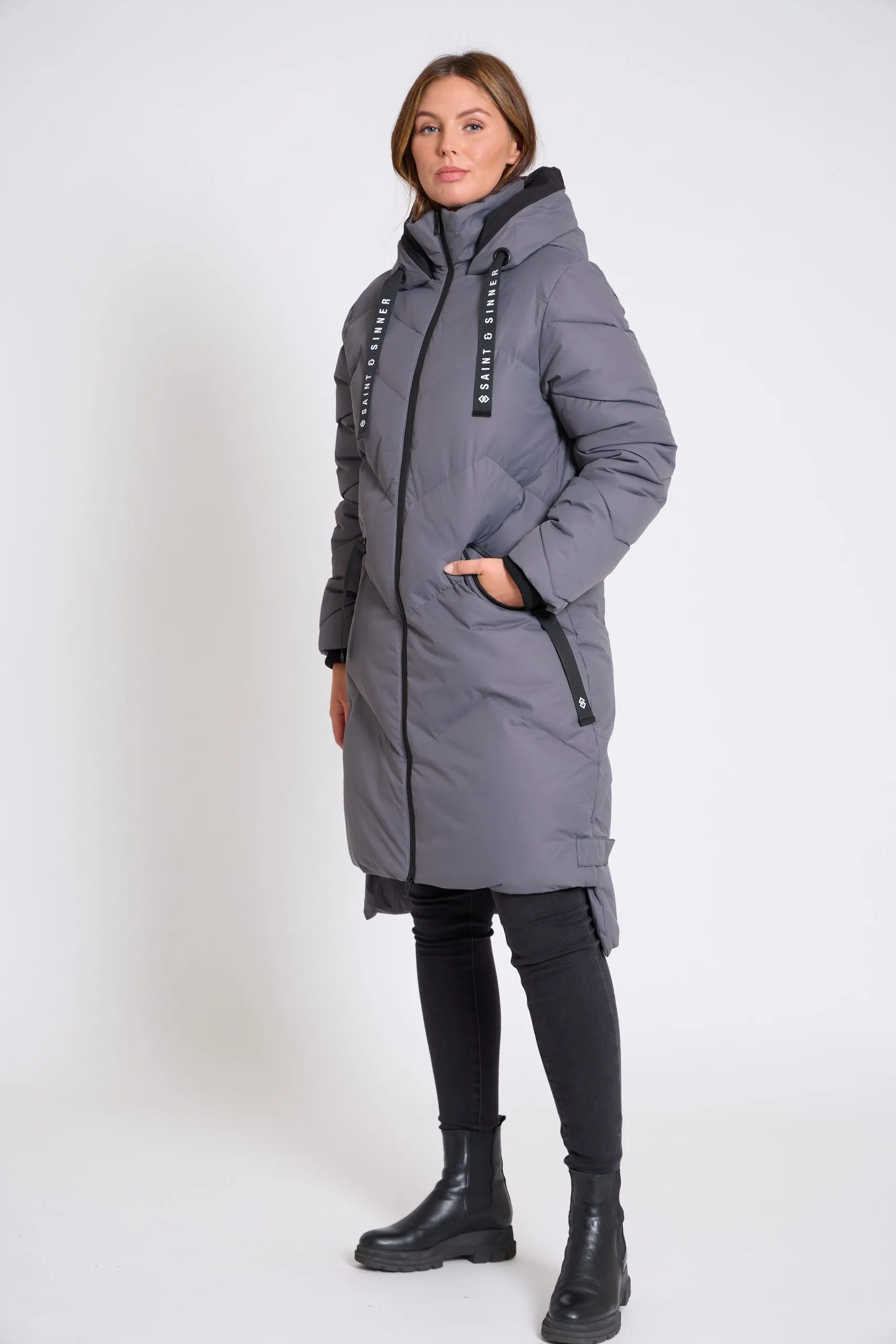 Long Padded Grey & White Hooded Winter Coat for Women